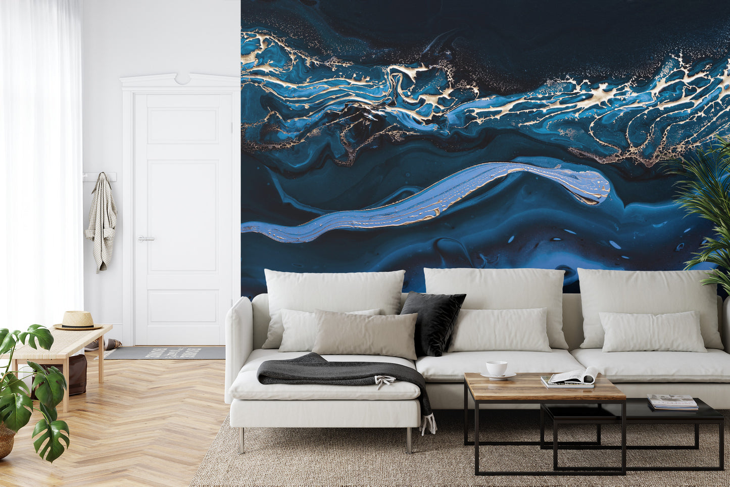 Fototapete Fluid Art. Liquid Metallic Gold In Abstract Blue Wave. Marble Effect Background Or Texture