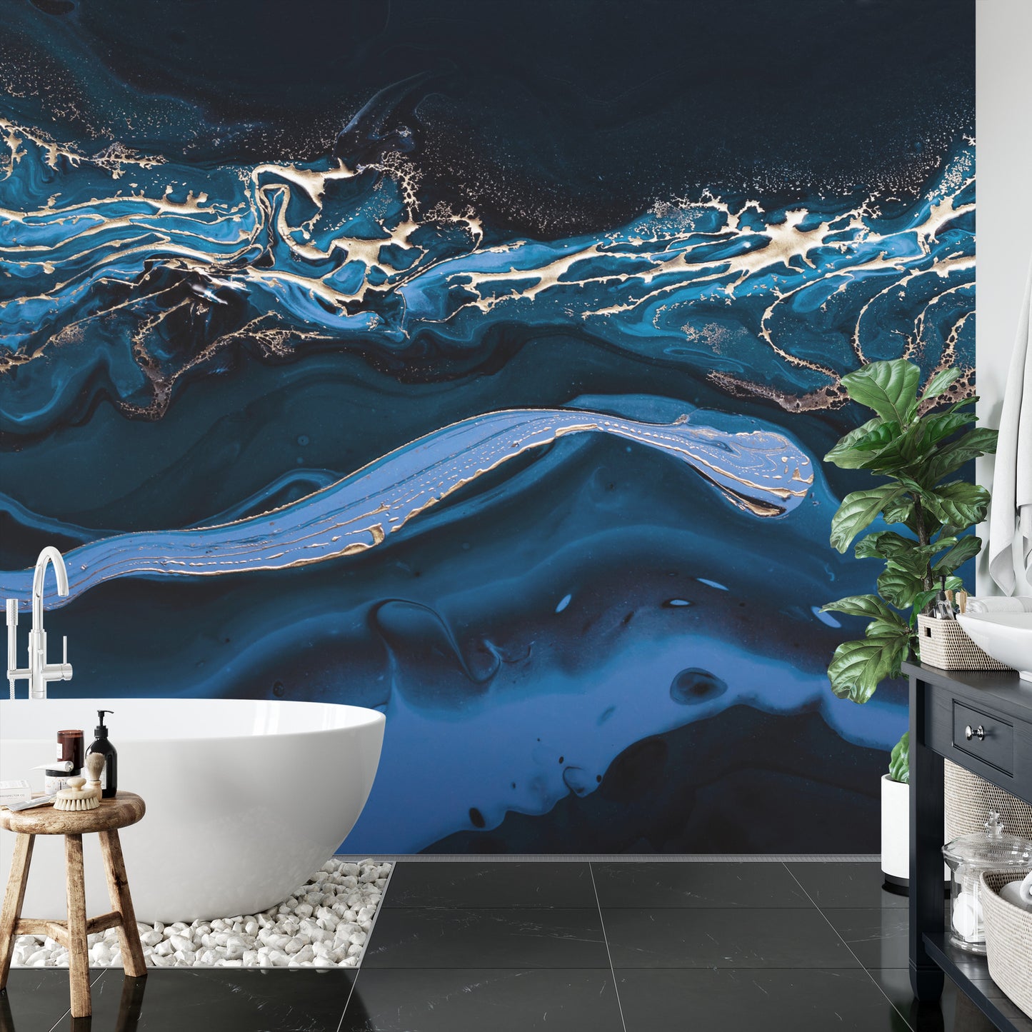 Fototapete Fluid Art. Liquid Metallic Gold In Abstract Blue Wave. Marble Effect Background Or Texture