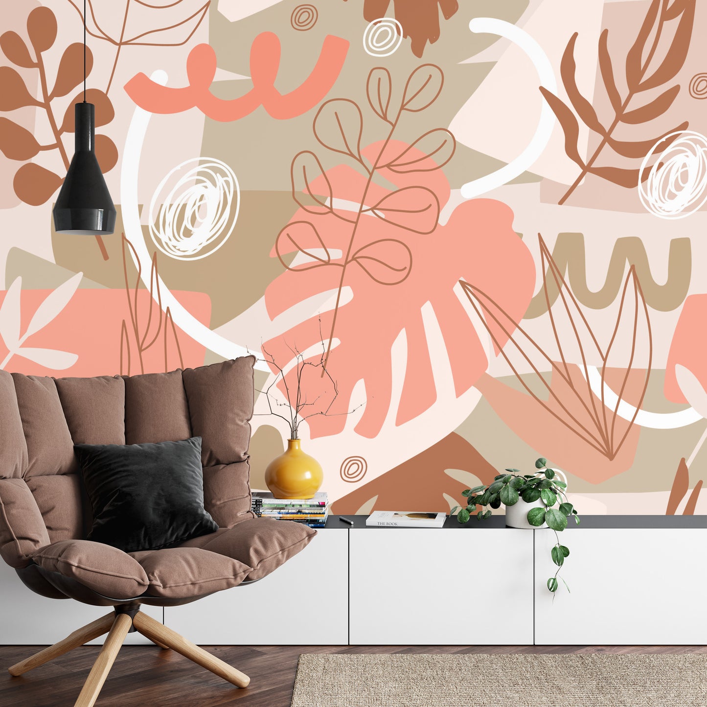 Fototapete Contemporary Collage Seamless Pattern. Terracotta Abstract Shapes, Tropical Leaves And Continuous Line Of Leaf. Texture For Textile, Packaging, Wrapping Paper, Social Media Post Etc. .
