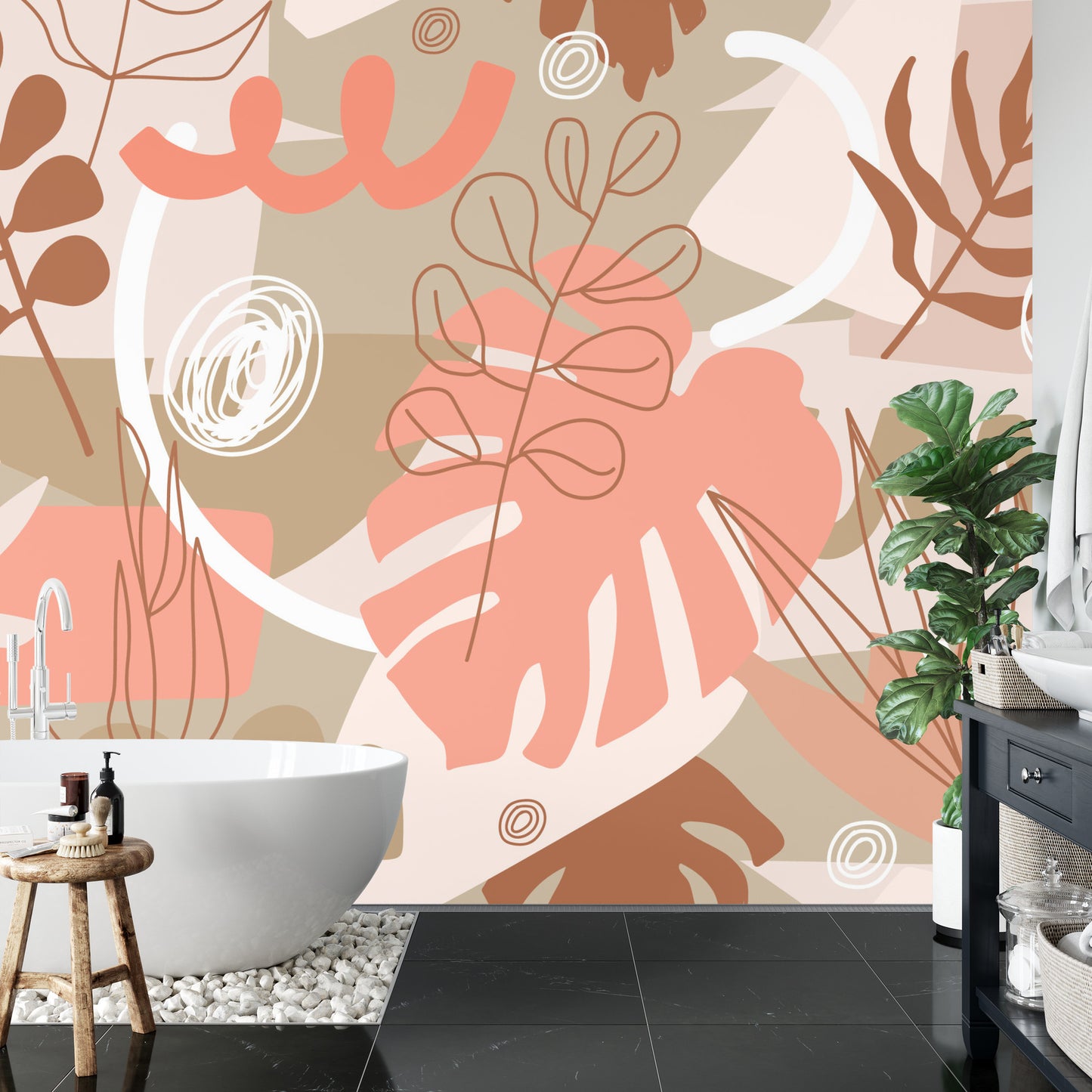 Fototapete Contemporary Collage Seamless Pattern. Terracotta Abstract Shapes, Tropical Leaves And Continuous Line Of Leaf. Texture For Textile, Packaging, Wrapping Paper, Social Media Post Etc. .