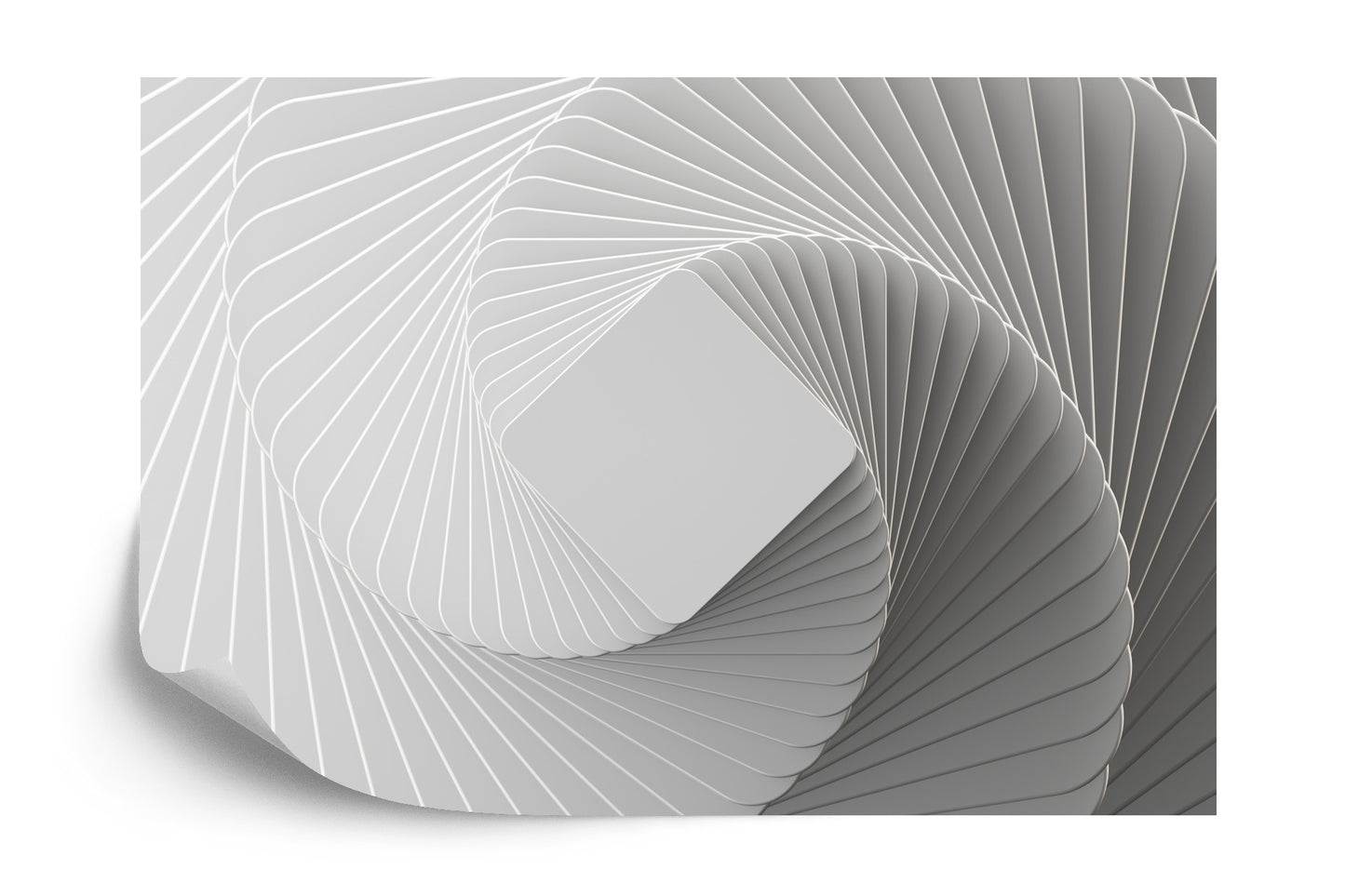 Fototapete 3D Render, Abstract White Geometric Background, Minimal Flat Lay, Twisted Deck Of Square Blank Cards With Rounded Corners