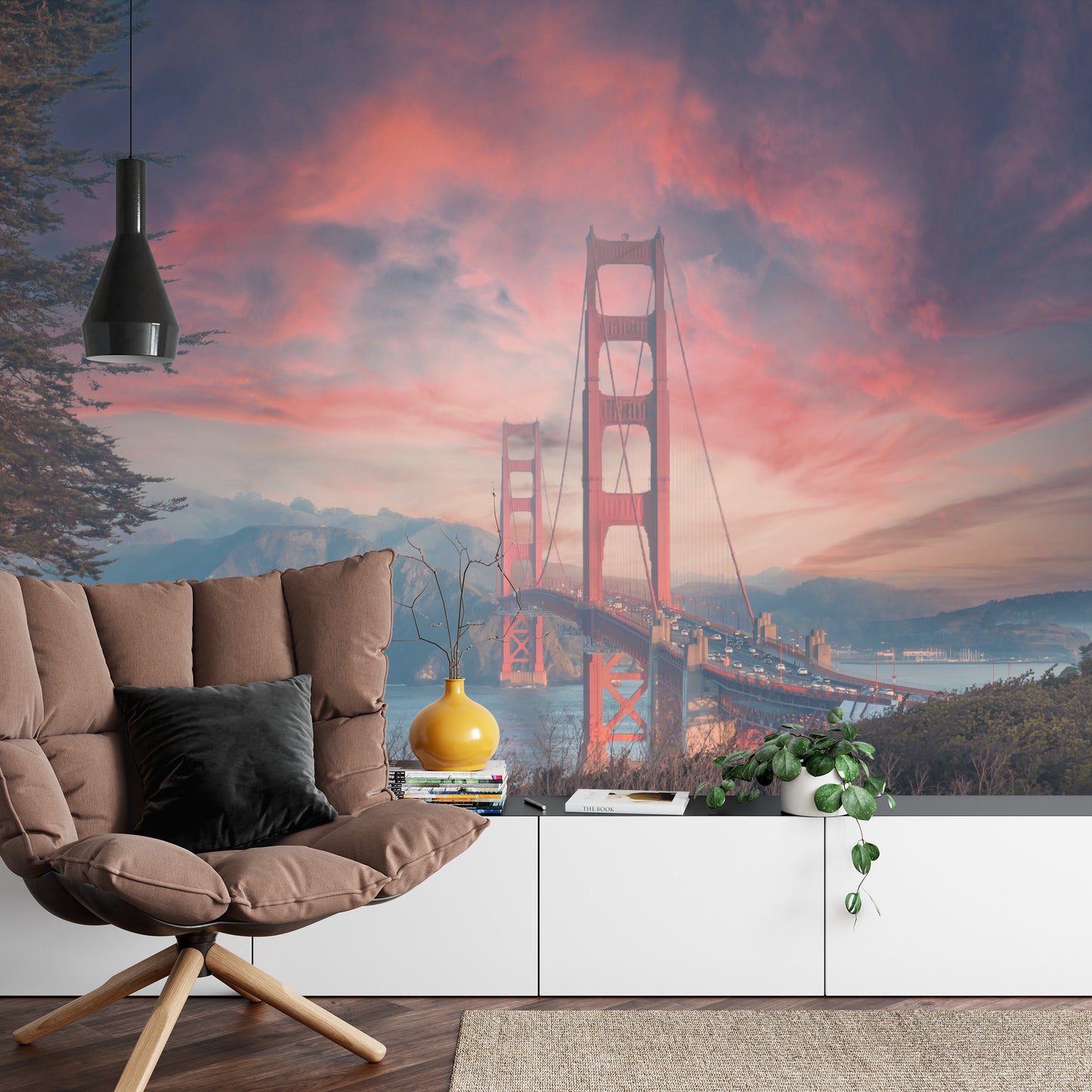 Fototapete Beautiful View Of Golden Gate Bridge In Background Of Mountains During Sunset