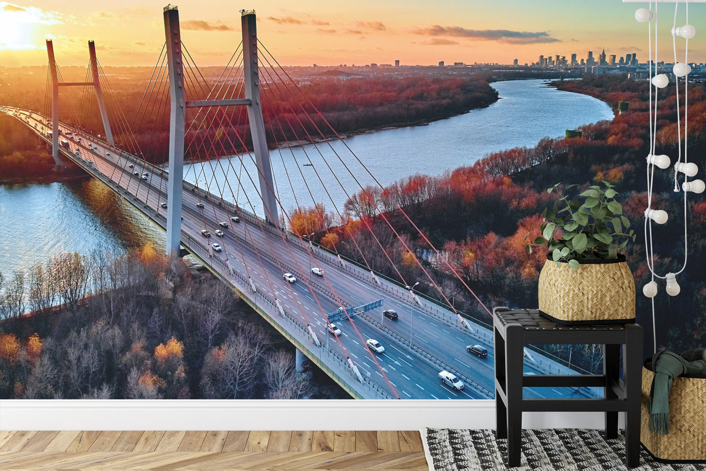 Fototapete Beautiful Panoramic Aerial Drone View To Cable-Stayed Siekierkowski Bridge Over The Vistula River And Warsaw City Skyscrapers, Poland In Gold Red Autumn Colors In November Evening At Sunset