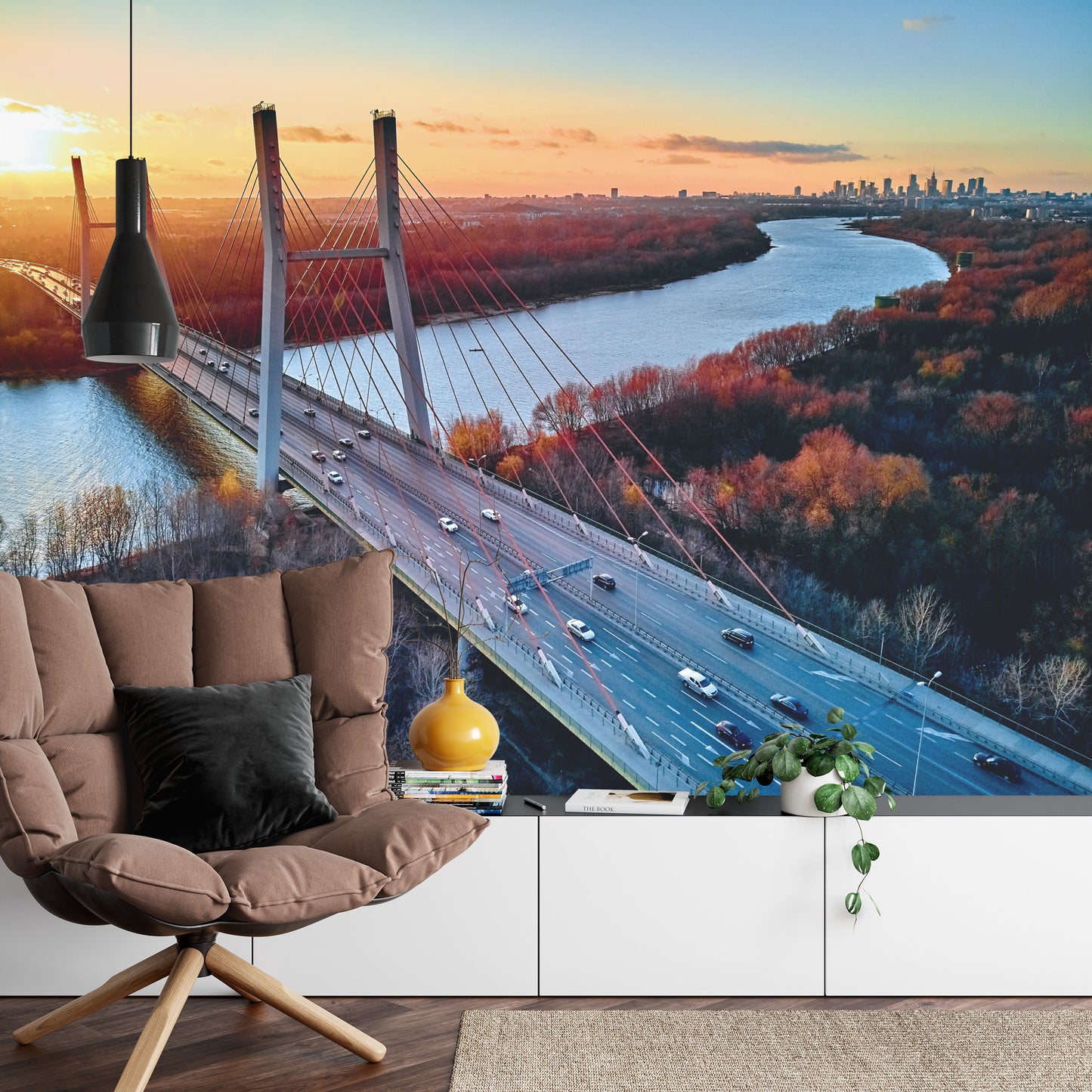 Fototapete Beautiful Panoramic Aerial Drone View To Cable-Stayed Siekierkowski Bridge Over The Vistula River And Warsaw City Skyscrapers, Poland In Gold Red Autumn Colors In November Evening At Sunset