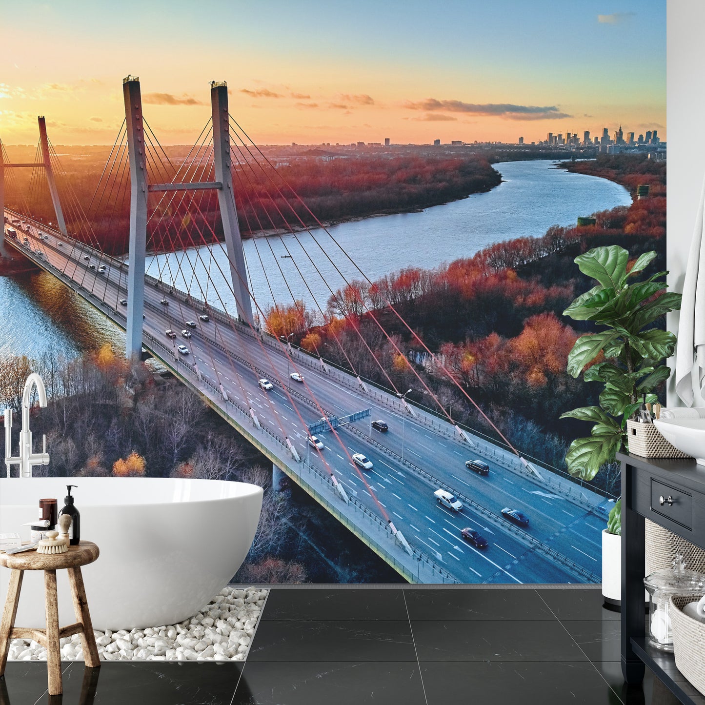 Fototapete Beautiful Panoramic Aerial Drone View To Cable-Stayed Siekierkowski Bridge Over The Vistula River And Warsaw City Skyscrapers, Poland In Gold Red Autumn Colors In November Evening At Sunset