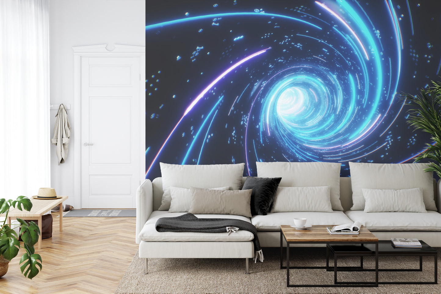 Fototapete Flying Inside Digital Data Tunnel. Futuristic Abstract Background With Neon Rays. Concept For Big Data, Blockchain, Cryptocurreny, Internet, Hyperspace And Space Travel. 4K 3D Render