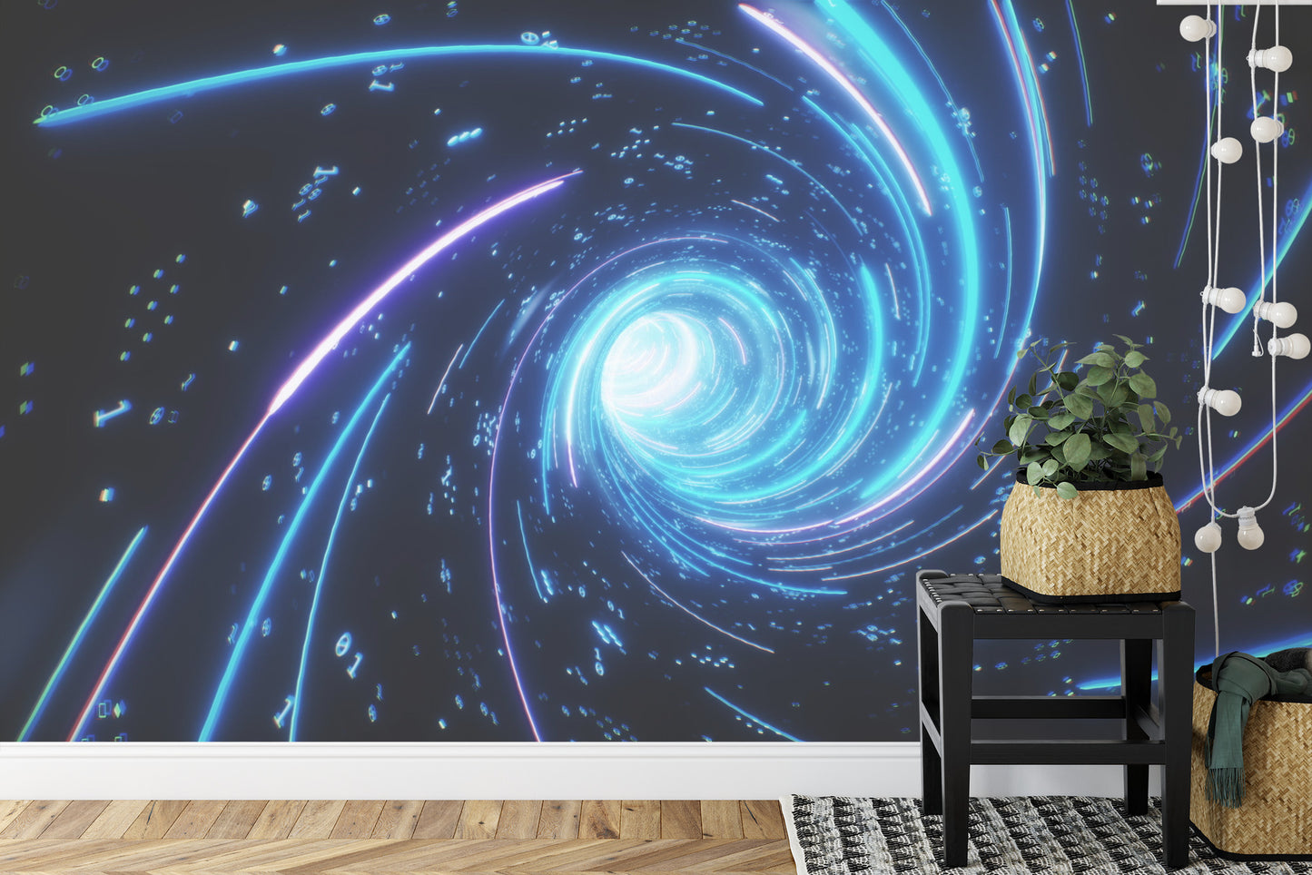 Fototapete Flying Inside Digital Data Tunnel. Futuristic Abstract Background With Neon Rays. Concept For Big Data, Blockchain, Cryptocurreny, Internet, Hyperspace And Space Travel. 4K 3D Render