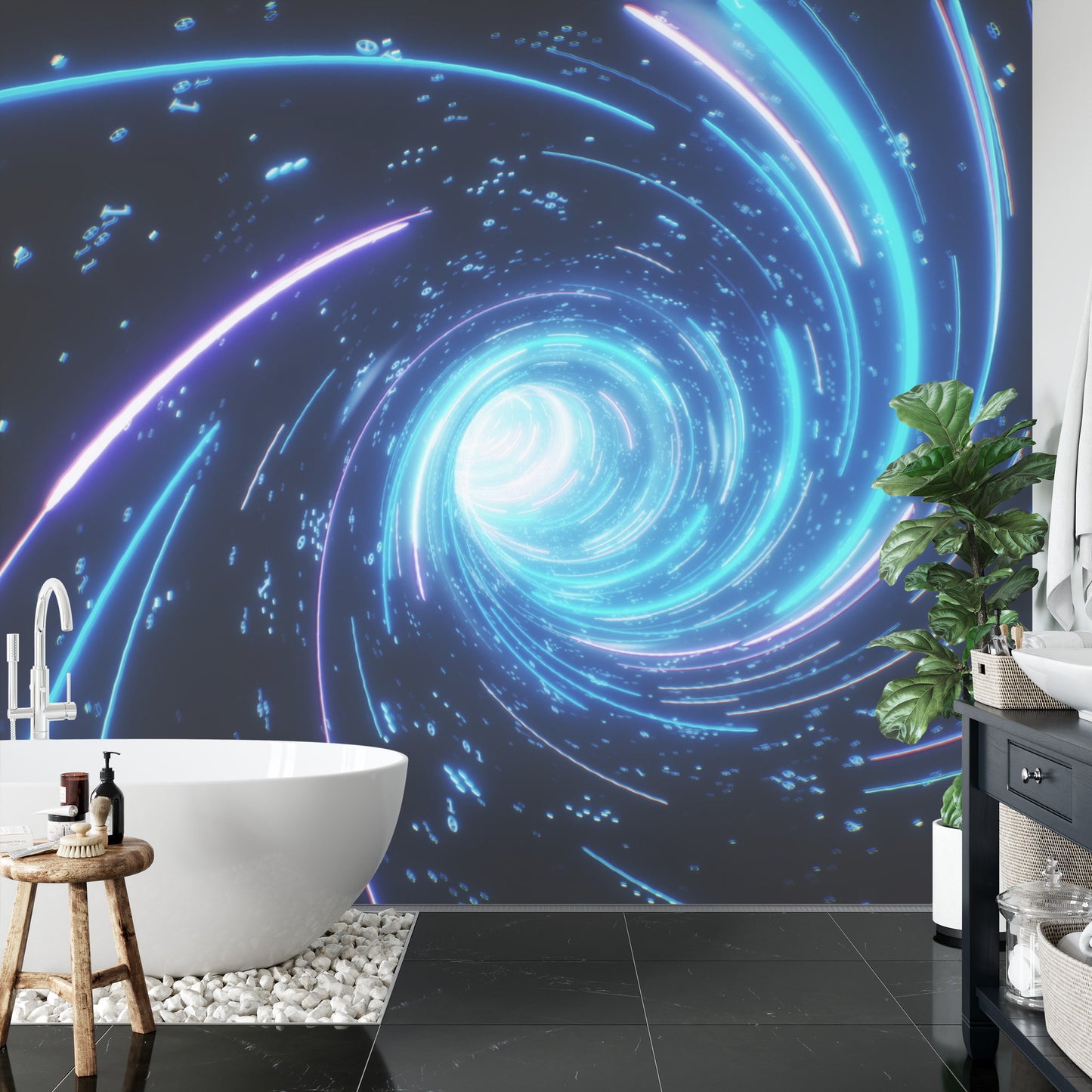 Fototapete Flying Inside Digital Data Tunnel. Futuristic Abstract Background With Neon Rays. Concept For Big Data, Blockchain, Cryptocurreny, Internet, Hyperspace And Space Travel. 4K 3D Render