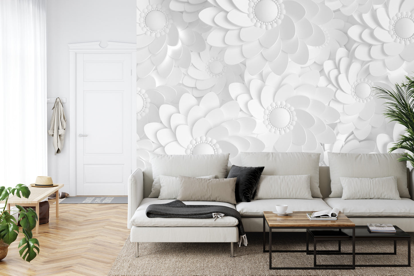 Fototapete Beautiful, Elegant Paper Flower In The Style Of Hand-Made On A White Wall. 3D , 3D Rendering.