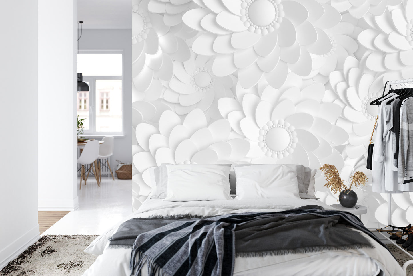 Fototapete Beautiful, Elegant Paper Flower In The Style Of Hand-Made On A White Wall. 3D , 3D Rendering.