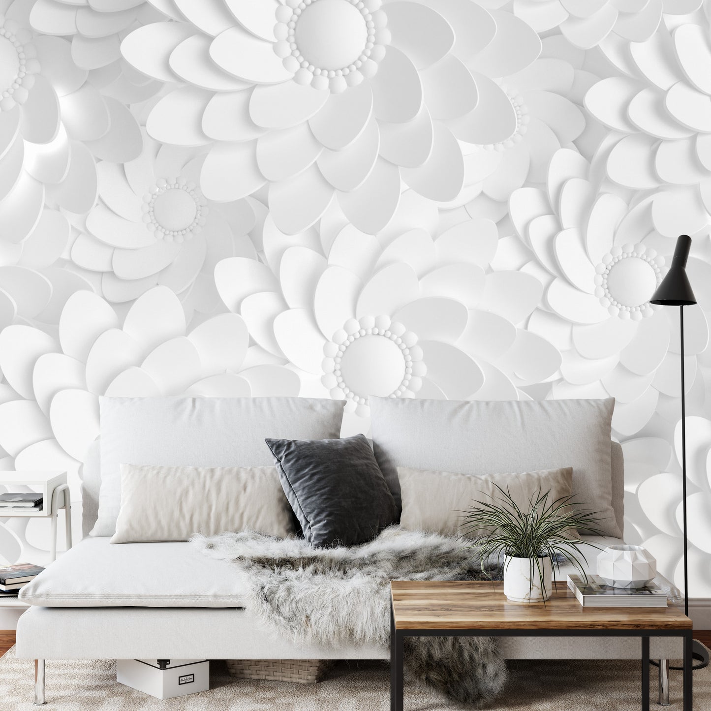 Fototapete Beautiful, Elegant Paper Flower In The Style Of Hand-Made On A White Wall. 3D , 3D Rendering.