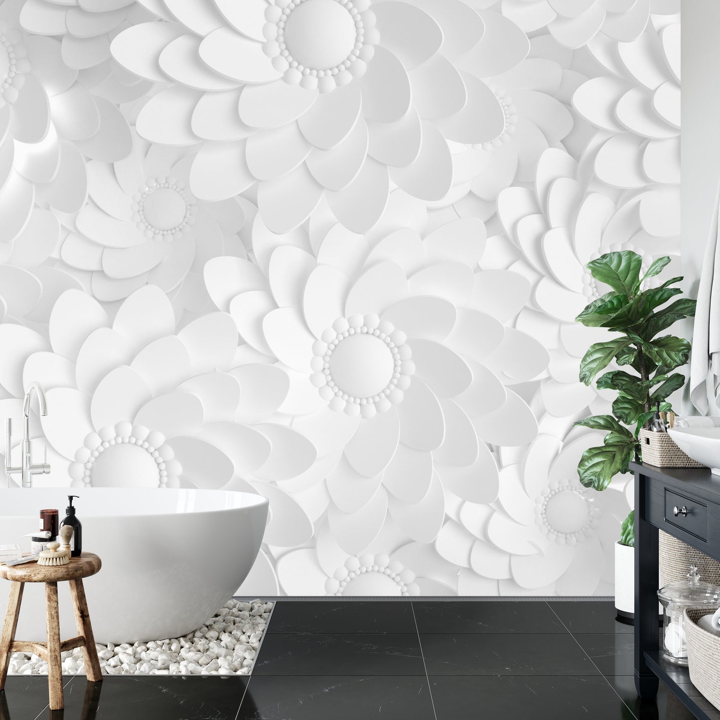 Fototapete Beautiful, Elegant Paper Flower In The Style Of Hand-Made On A White Wall. 3D , 3D Rendering.