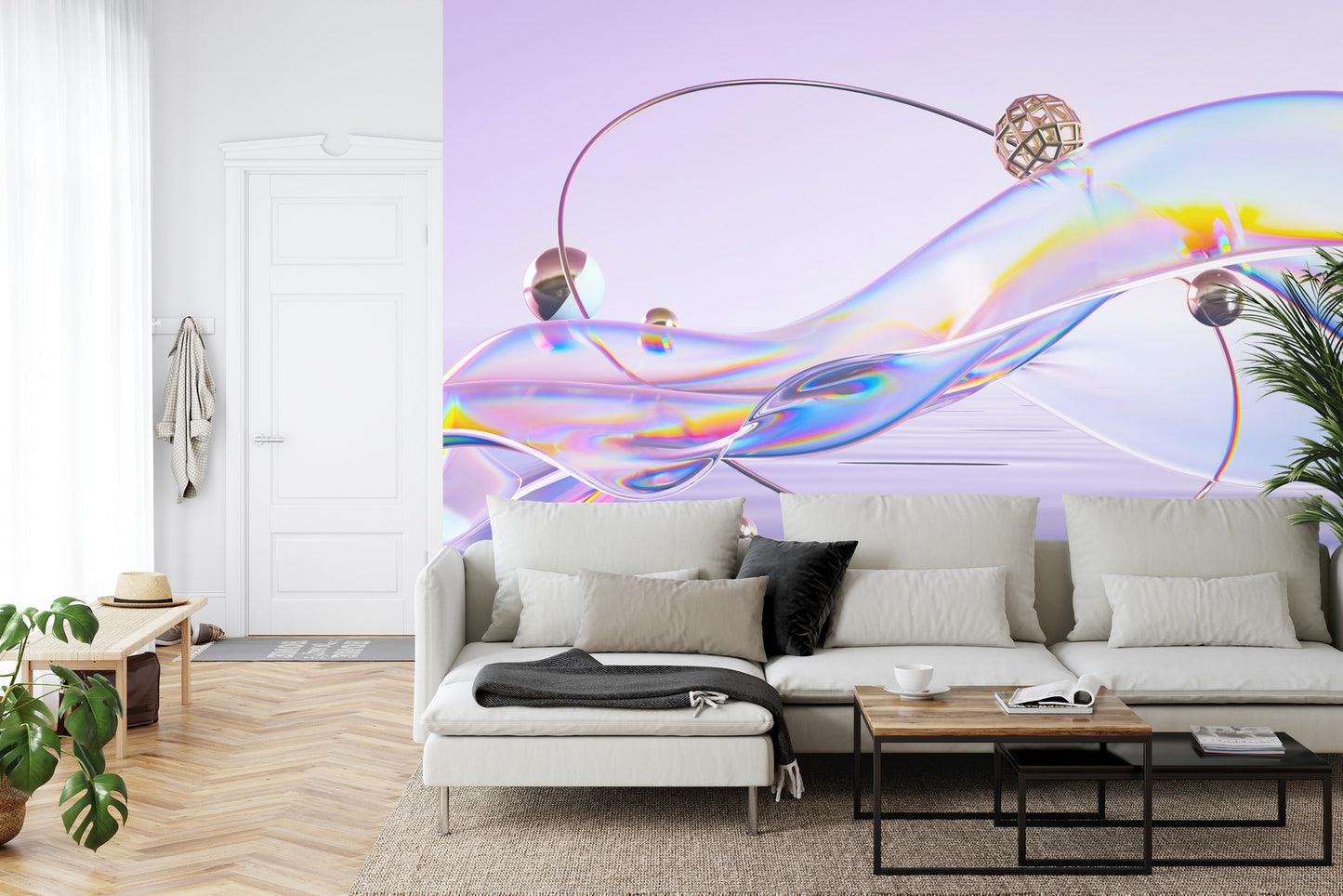 Fototapete Abstract 3D Render. Glass Ribbon On Water With Geometric Circle And Spheres. Holographic Shape In Motion. Iridescent Digital Art For Banner Background, Wallpaper. Transparent Glossy Design Element.