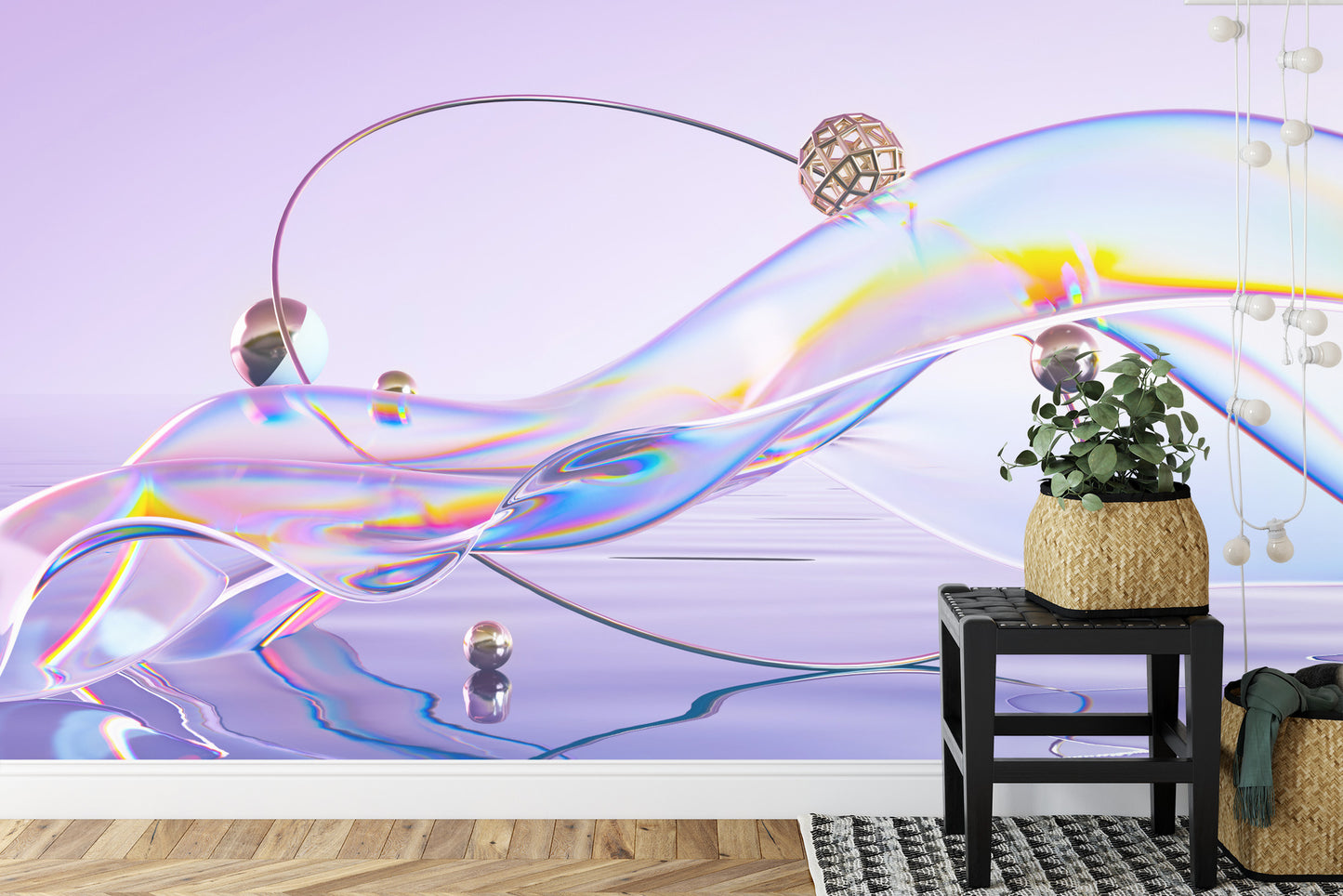 Fototapete Abstract 3D Render. Glass Ribbon On Water With Geometric Circle And Spheres. Holographic Shape In Motion. Iridescent Digital Art For Banner Background, Wallpaper. Transparent Glossy Design Element.