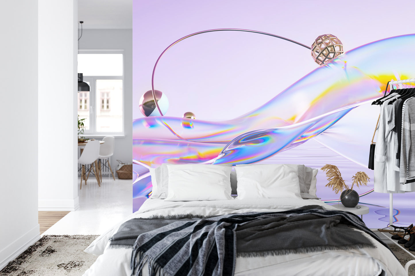 Fototapete Abstract 3D Render. Glass Ribbon On Water With Geometric Circle And Spheres. Holographic Shape In Motion. Iridescent Digital Art For Banner Background, Wallpaper. Transparent Glossy Design Element.