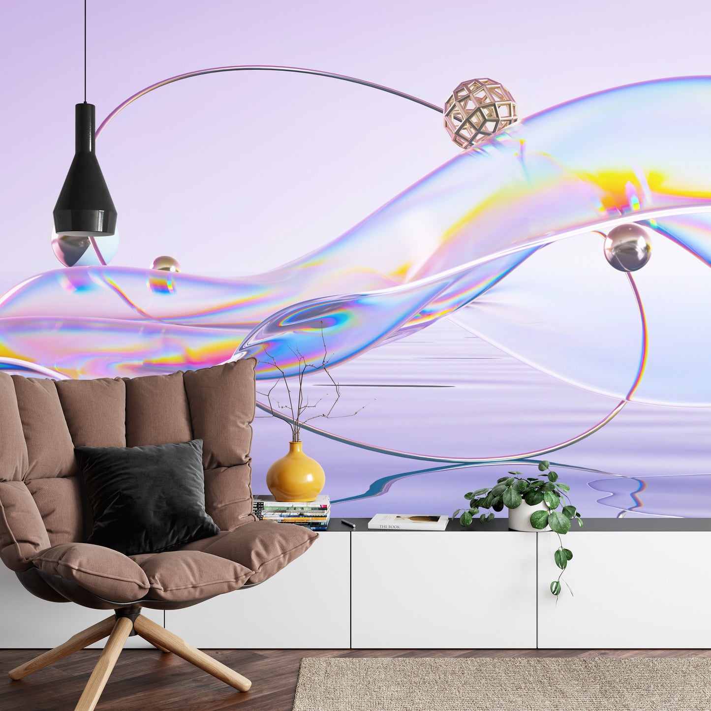 Fototapete Abstract 3D Render. Glass Ribbon On Water With Geometric Circle And Spheres. Holographic Shape In Motion. Iridescent Digital Art For Banner Background, Wallpaper. Transparent Glossy Design Element.