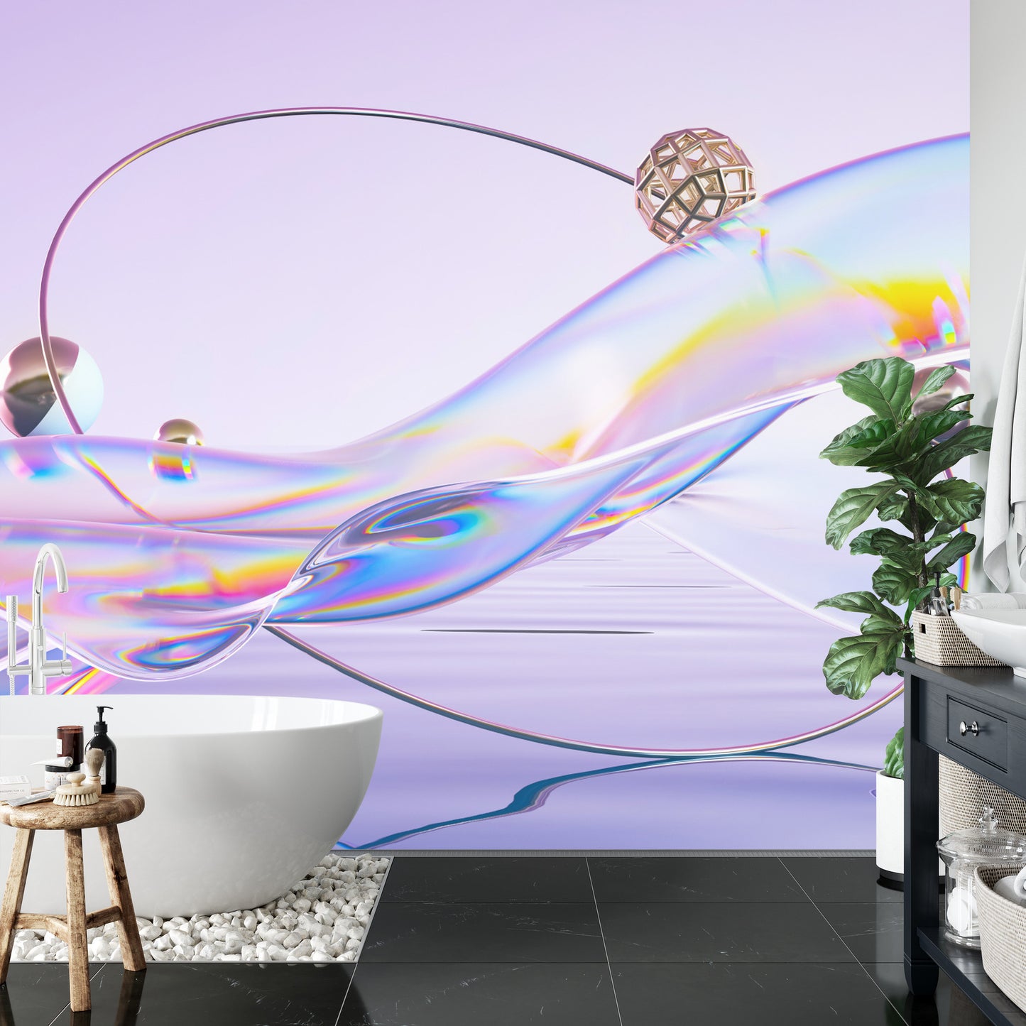 Fototapete Abstract 3D Render. Glass Ribbon On Water With Geometric Circle And Spheres. Holographic Shape In Motion. Iridescent Digital Art For Banner Background, Wallpaper. Transparent Glossy Design Element.