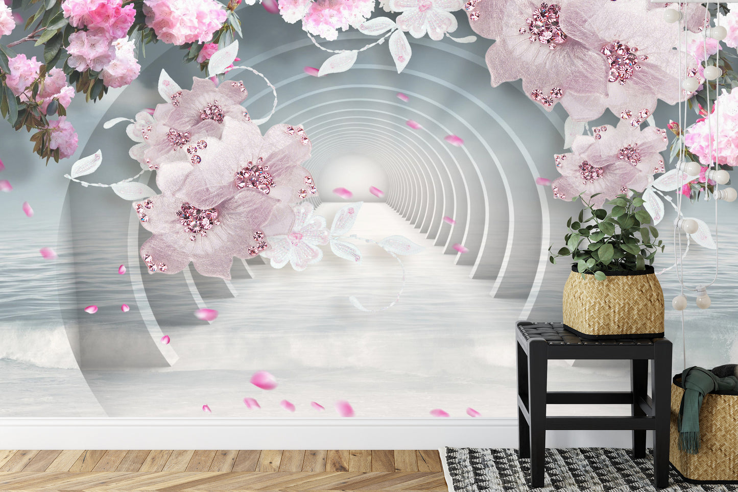 Fototapete 3D Wallpaper Pink Jewelry Flowers