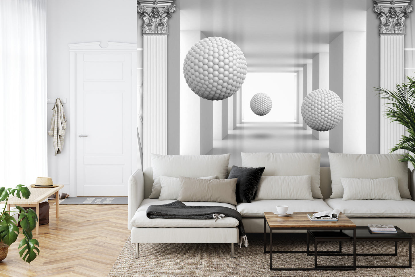 Fototapete 3D Mural Digital Silver Tunnel With Sphere And Columns .
Modern Rendering Gray Interior Wallpaper