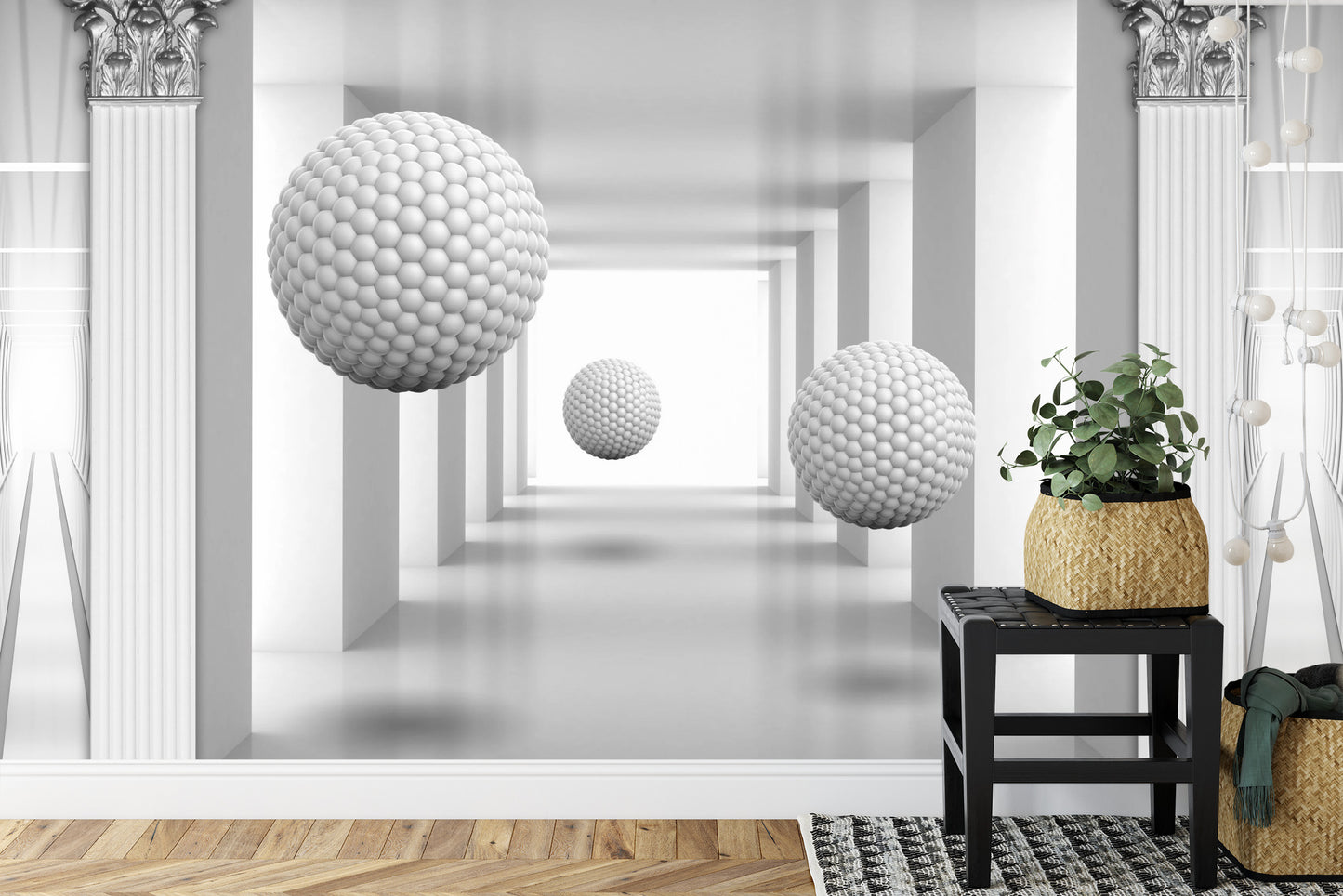 Fototapete 3D Mural Digital Silver Tunnel With Sphere And Columns .
Modern Rendering Gray Interior Wallpaper