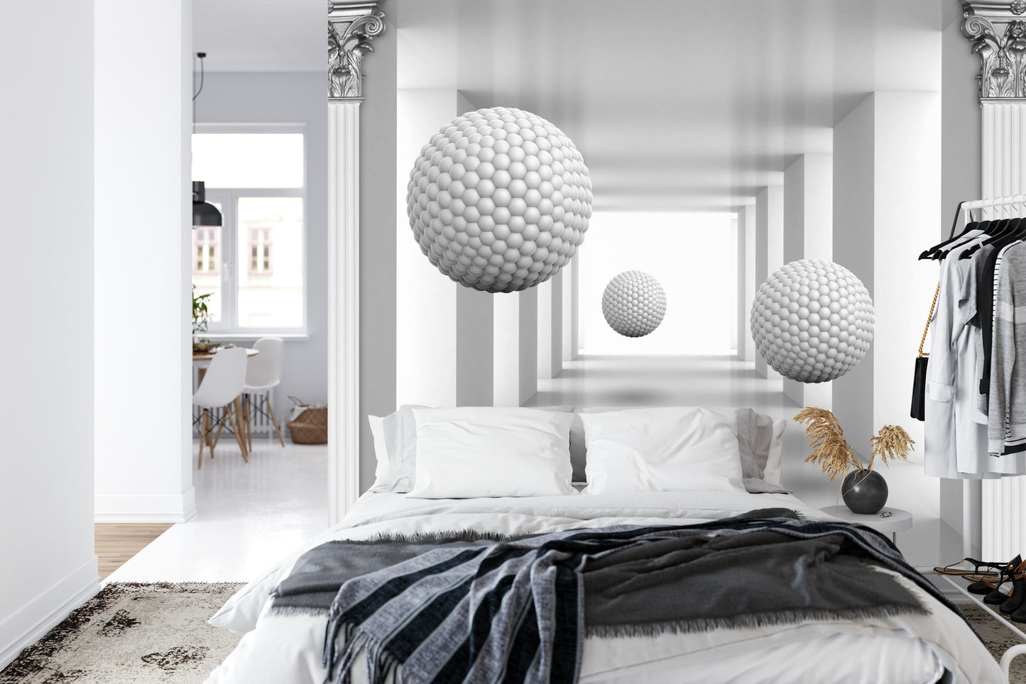Fototapete 3D Mural Digital Silver Tunnel With Sphere And Columns .
Modern Rendering Gray Interior Wallpaper