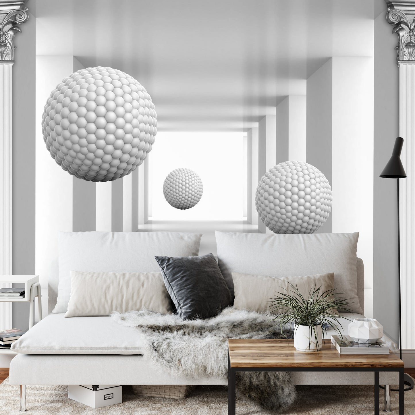 Fototapete 3D Mural Digital Silver Tunnel With Sphere And Columns .
Modern Rendering Gray Interior Wallpaper