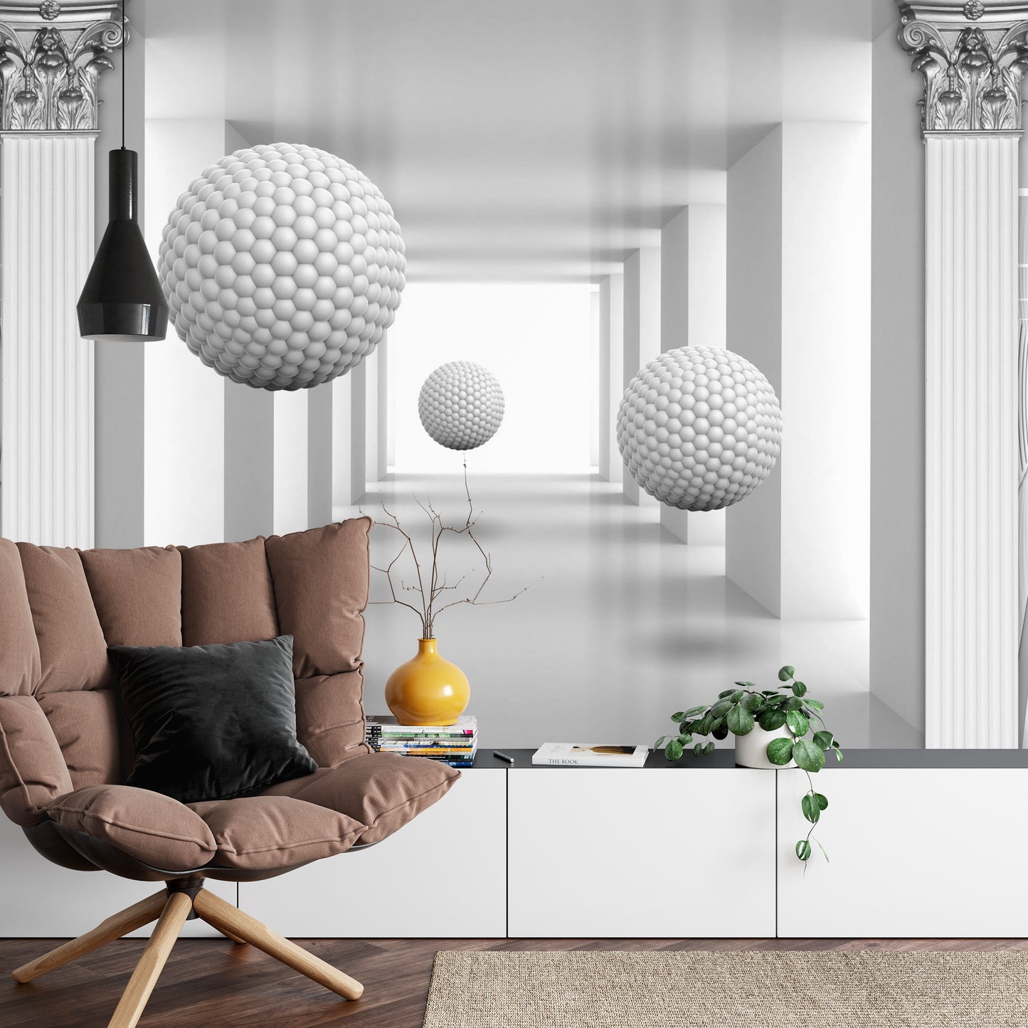 Fototapete 3D Mural Digital Silver Tunnel With Sphere And Columns .
Modern Rendering Gray Interior Wallpaper