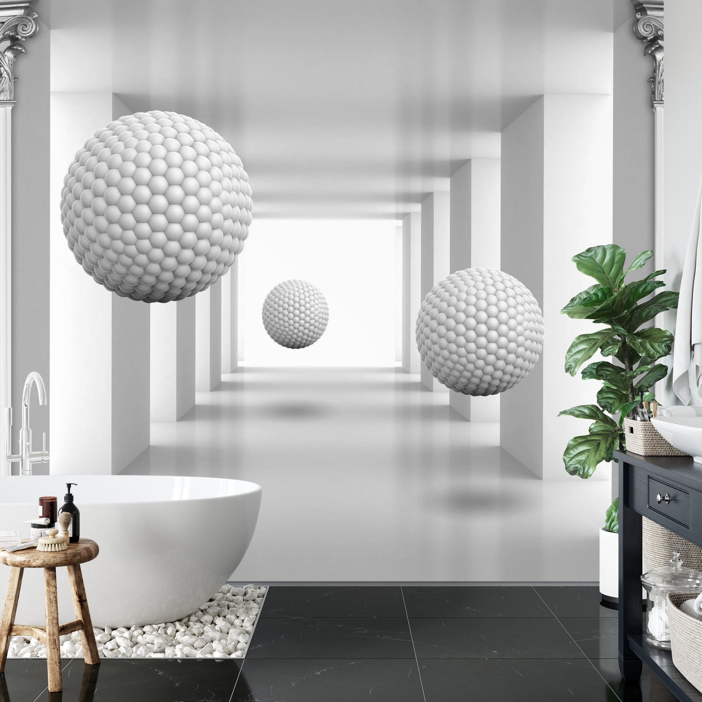 Fototapete 3D Mural Digital Silver Tunnel With Sphere And Columns .
Modern Rendering Gray Interior Wallpaper