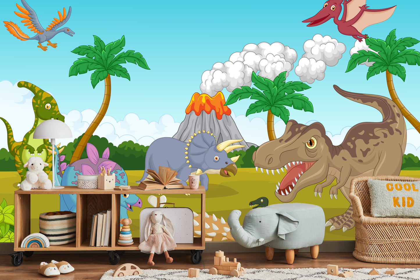 Fototapete Bunte Dinosaurier Und Vulkan