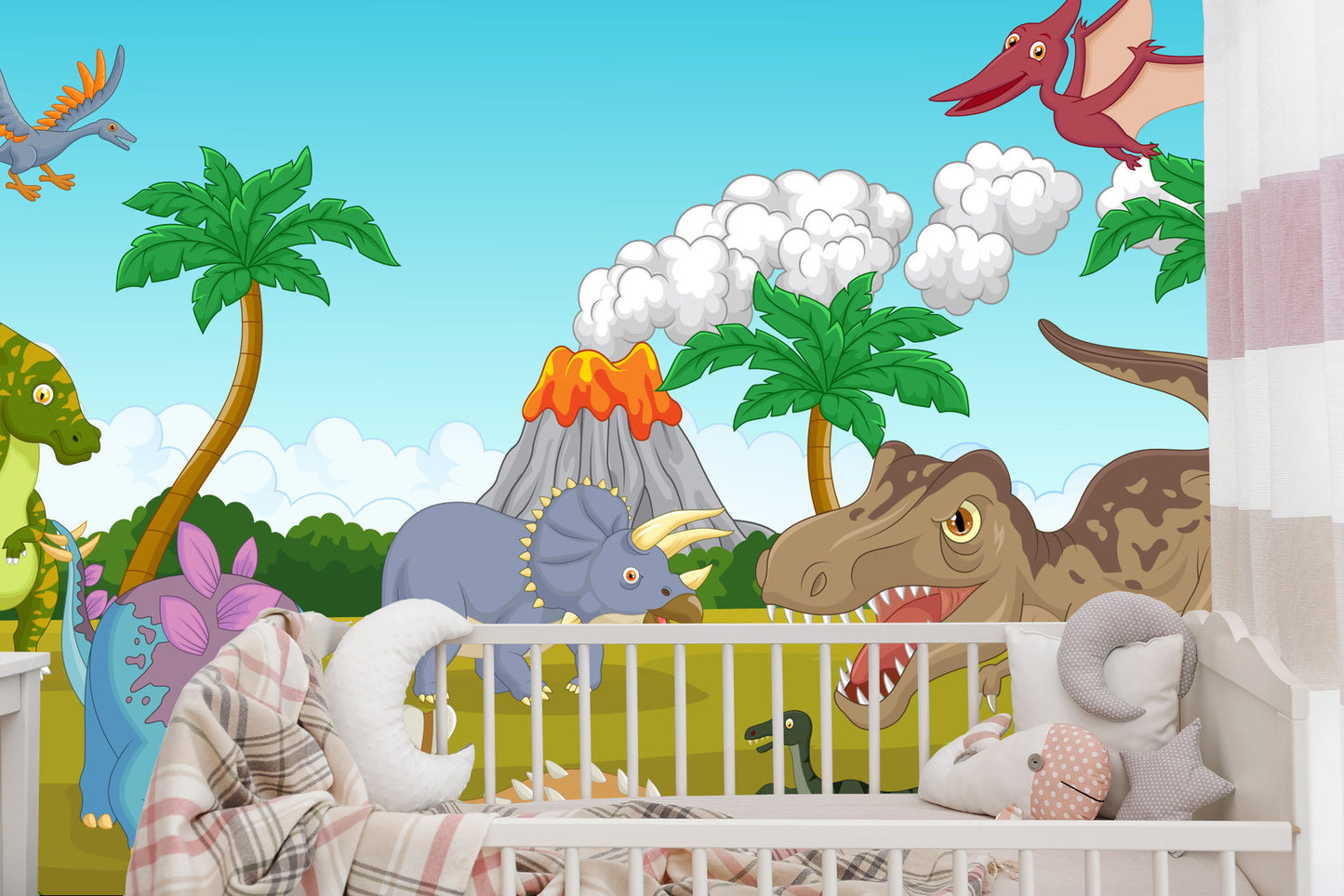 Fototapete Bunte Dinosaurier Und Vulkan