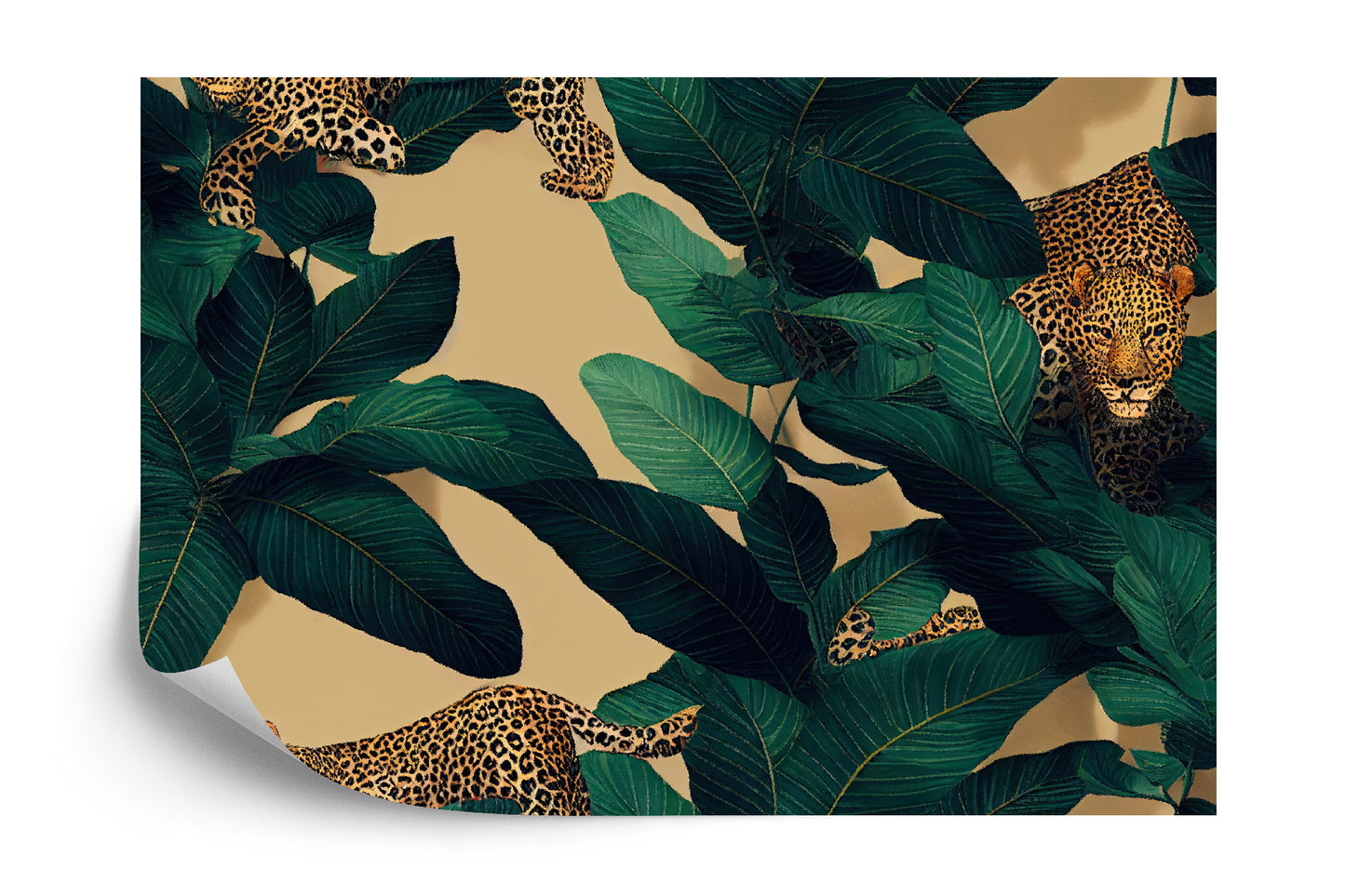 Fototapete Seamless Tropical Pattern With Exotic Trees, Leopards, And Palm Leaves. Abstract Jungle Pattern With Leopards, Digital