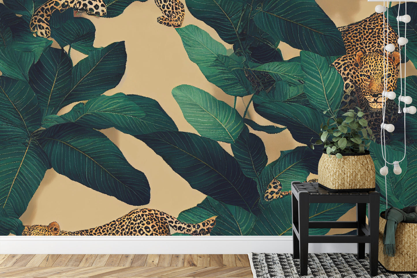 Fototapete Seamless Tropical Pattern With Exotic Trees, Leopards, And Palm Leaves. Abstract Jungle Pattern With Leopards, Digital