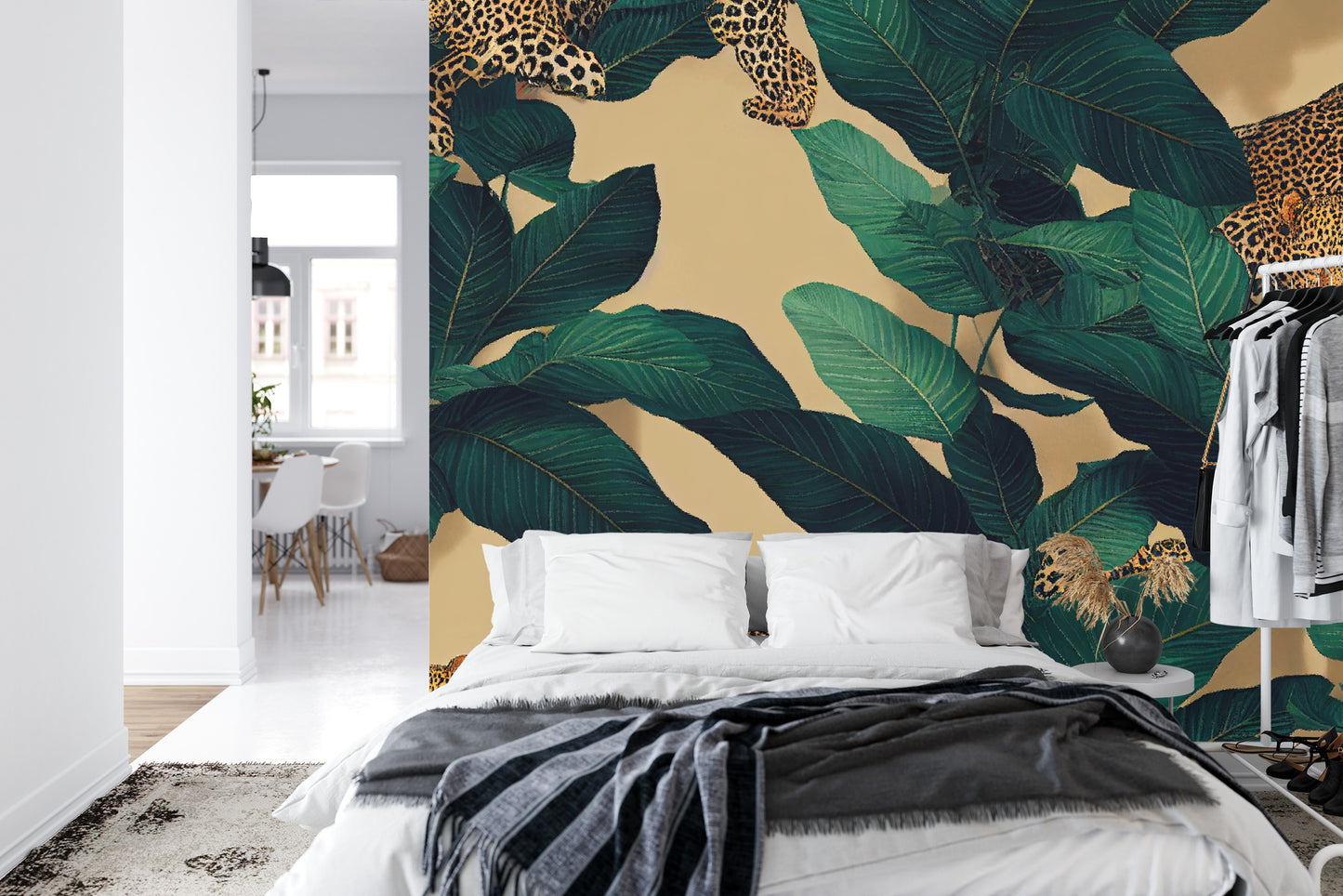 Fototapete Seamless Tropical Pattern With Exotic Trees, Leopards, And Palm Leaves. Abstract Jungle Pattern With Leopards, Digital