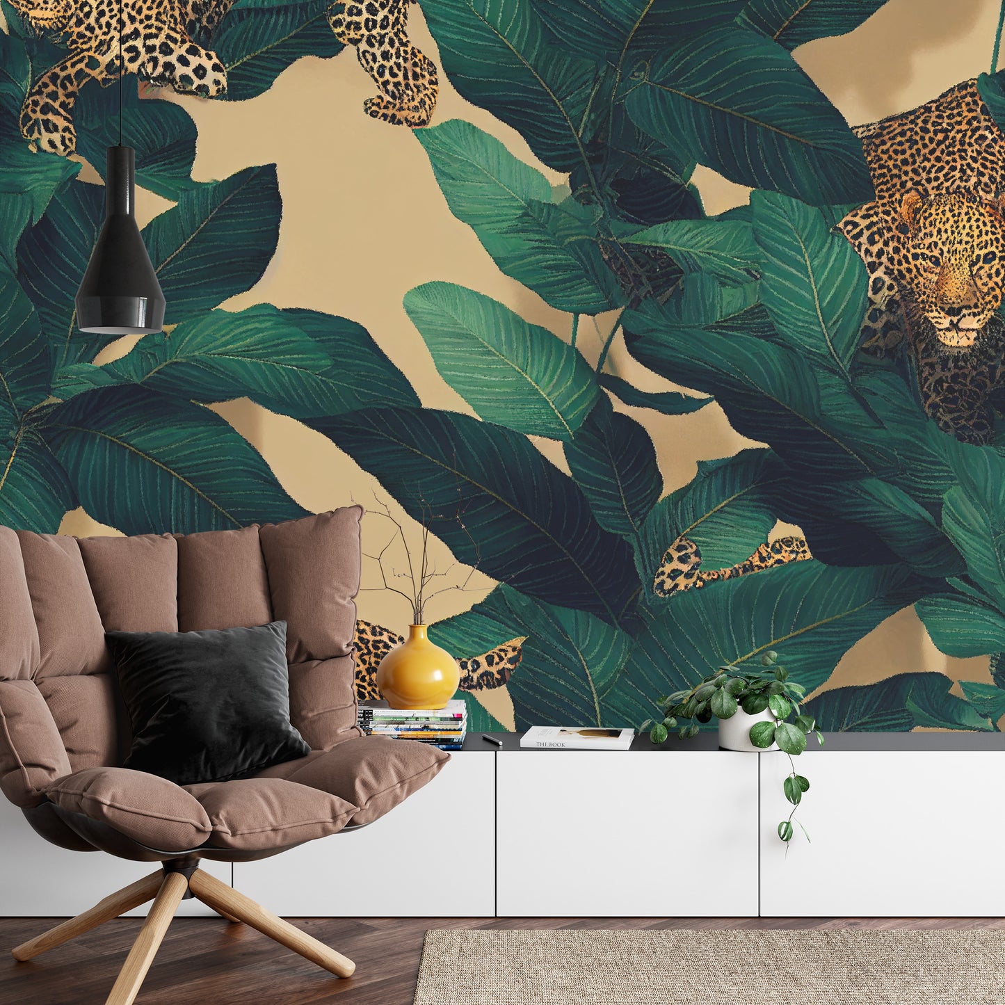 Fototapete Seamless Tropical Pattern With Exotic Trees, Leopards, And Palm Leaves. Abstract Jungle Pattern With Leopards, Digital