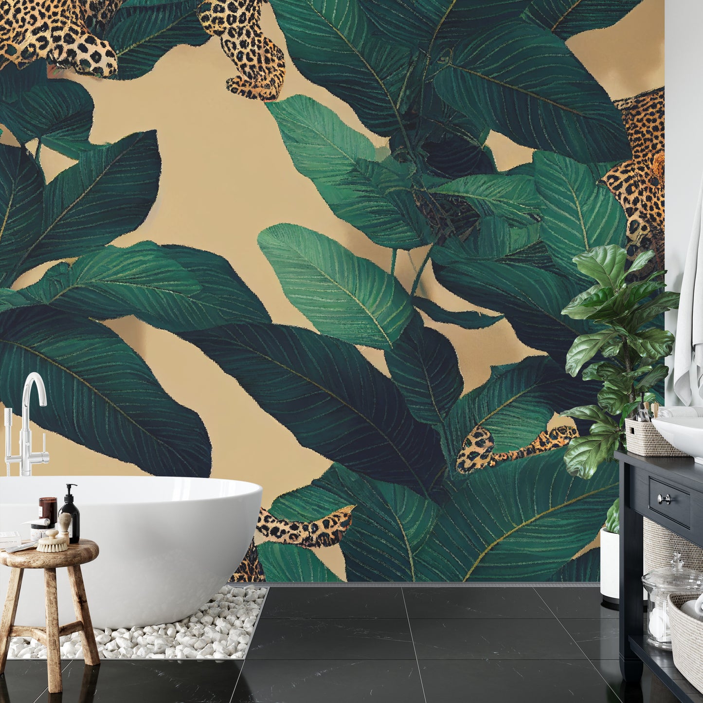 Fototapete Seamless Tropical Pattern With Exotic Trees, Leopards, And Palm Leaves. Abstract Jungle Pattern With Leopards, Digital