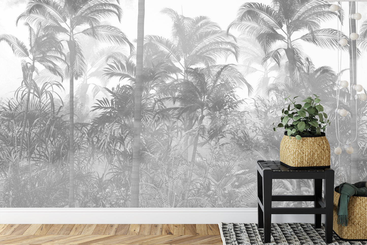 Fototapete Tropical Trees And Leaves In Foggy Forest Wallpaper Design - 3D