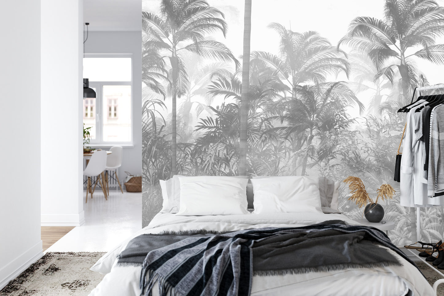 Fototapete Tropical Trees And Leaves In Foggy Forest Wallpaper Design - 3D