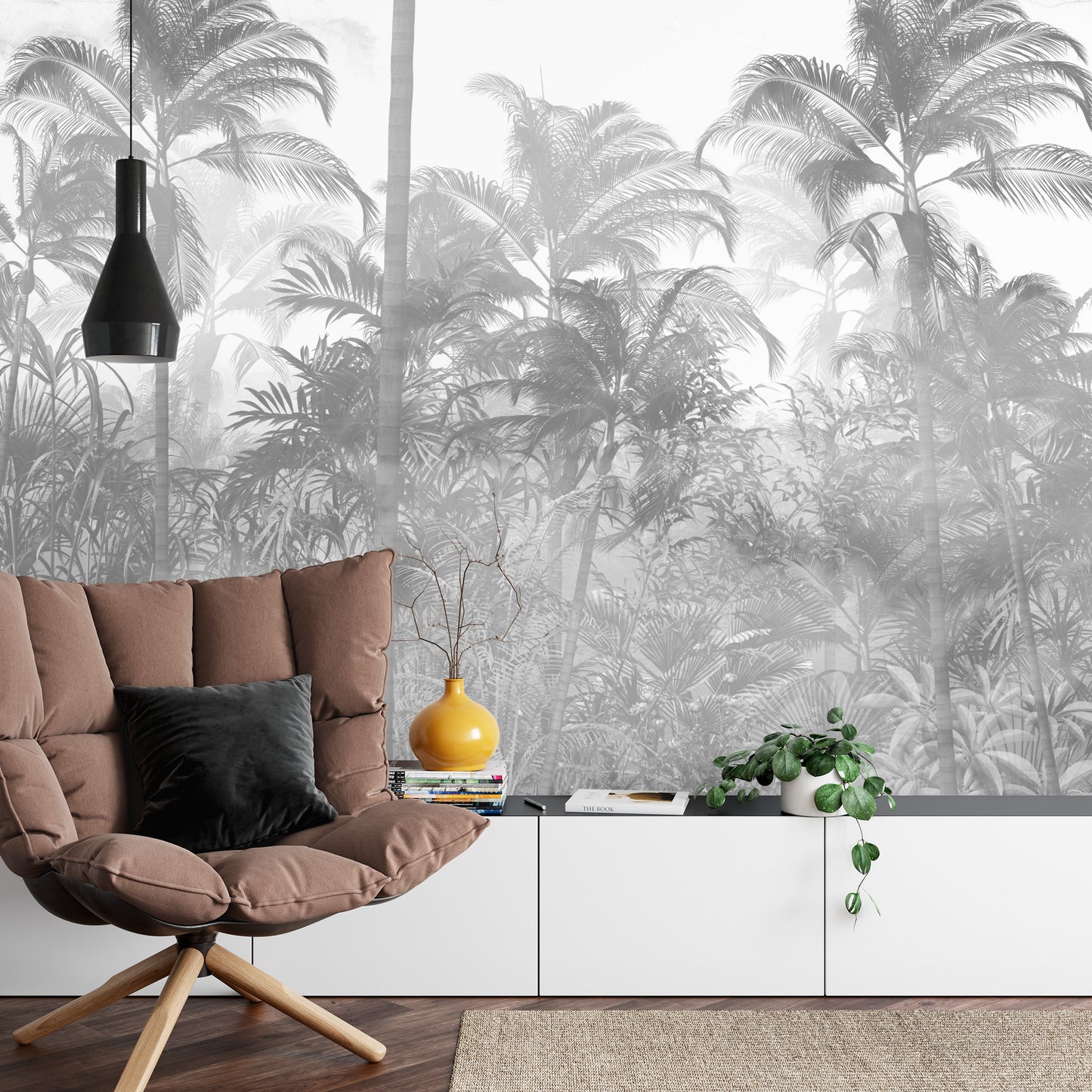 Fototapete Tropical Trees And Leaves In Foggy Forest Wallpaper Design - 3D