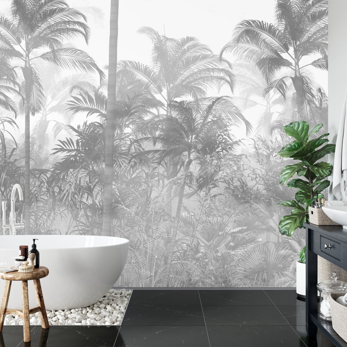 Fototapete Tropical Trees And Leaves In Foggy Forest Wallpaper Design - 3D
