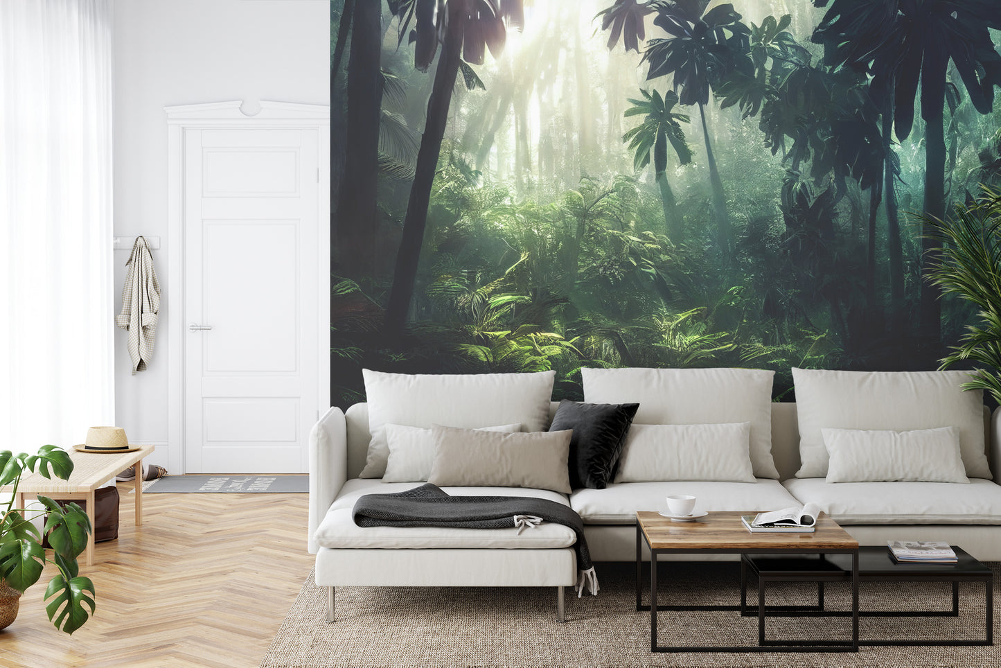Fototapete Dark Rainforest, Sun Rays Through The Trees, Rich Jungle Greenery. Atmospheric Fantasy Forest. 3D .