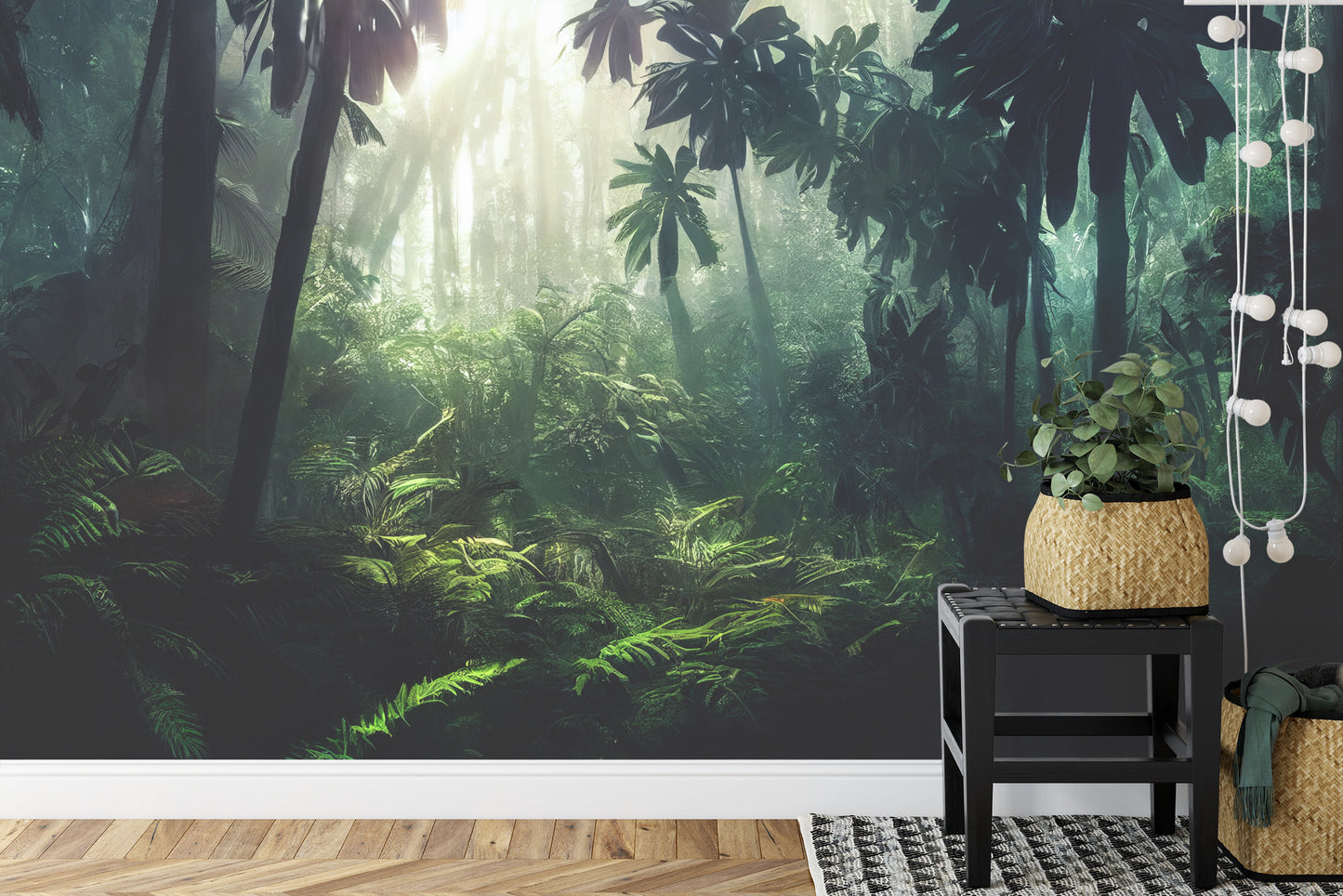 Fototapete Dark Rainforest, Sun Rays Through The Trees, Rich Jungle Greenery. Atmospheric Fantasy Forest. 3D .