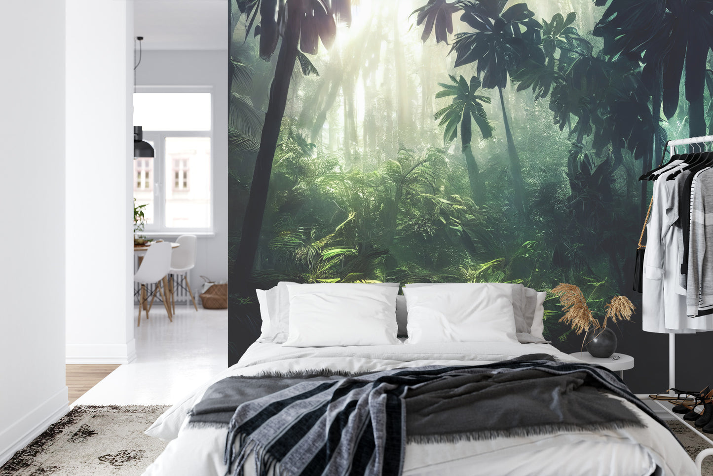 Fototapete Dark Rainforest, Sun Rays Through The Trees, Rich Jungle Greenery. Atmospheric Fantasy Forest. 3D .