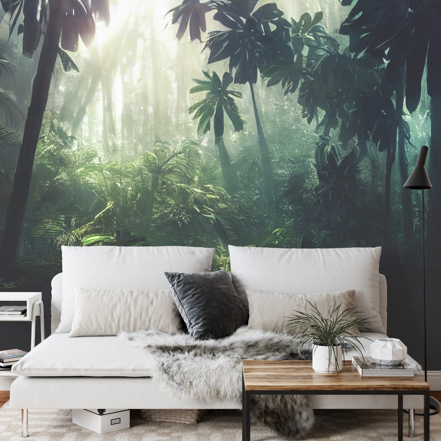 Fototapete Dark Rainforest, Sun Rays Through The Trees, Rich Jungle Greenery. Atmospheric Fantasy Forest. 3D .