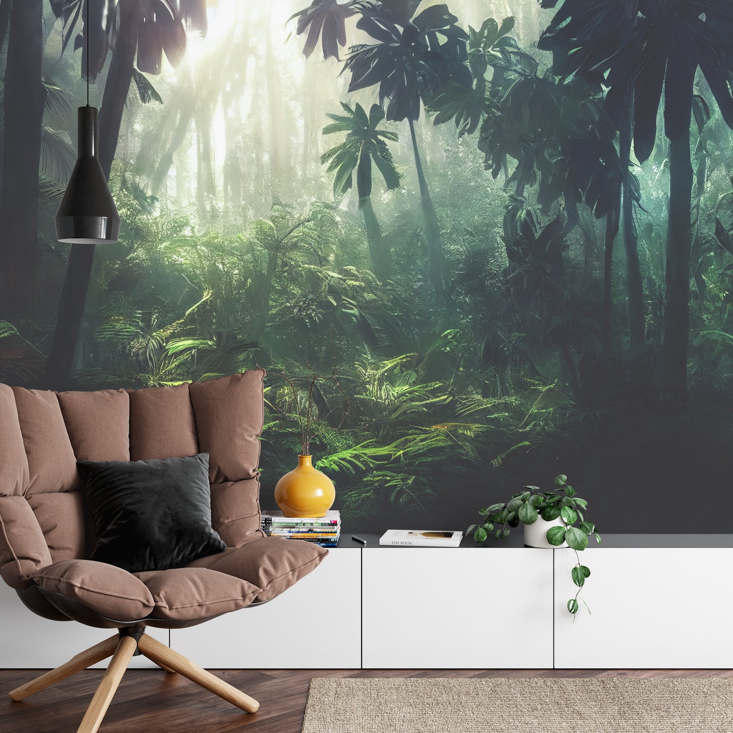 Fototapete Dark Rainforest, Sun Rays Through The Trees, Rich Jungle Greenery. Atmospheric Fantasy Forest. 3D .