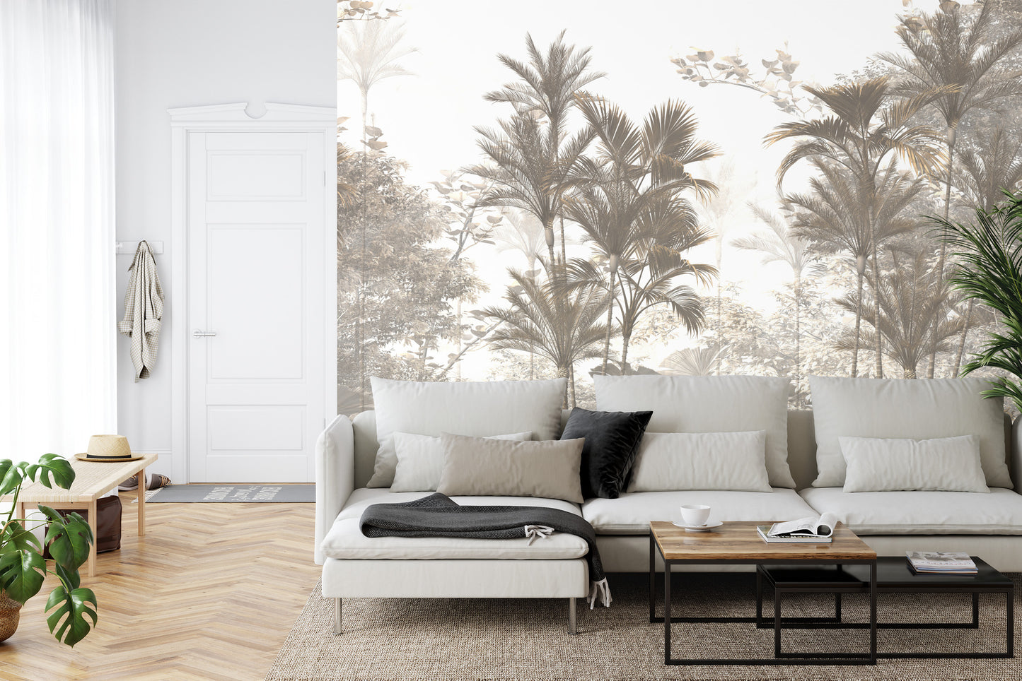 Fototapete Tropical Trees And Leaves Wallpaper Design In Foggy Forest - 3D