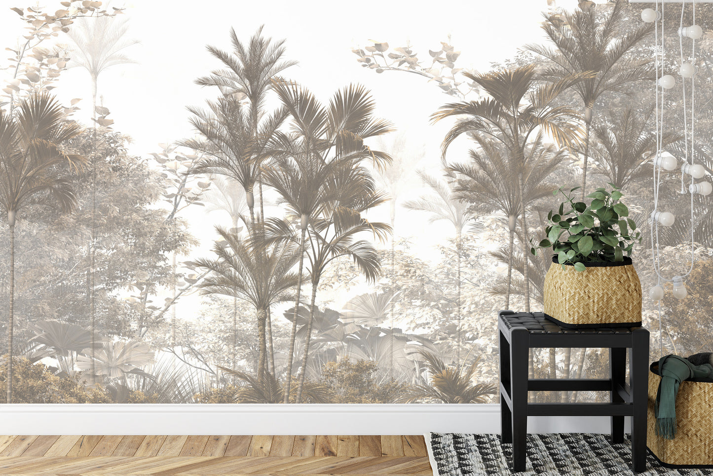 Fototapete Tropical Trees And Leaves Wallpaper Design In Foggy Forest - 3D