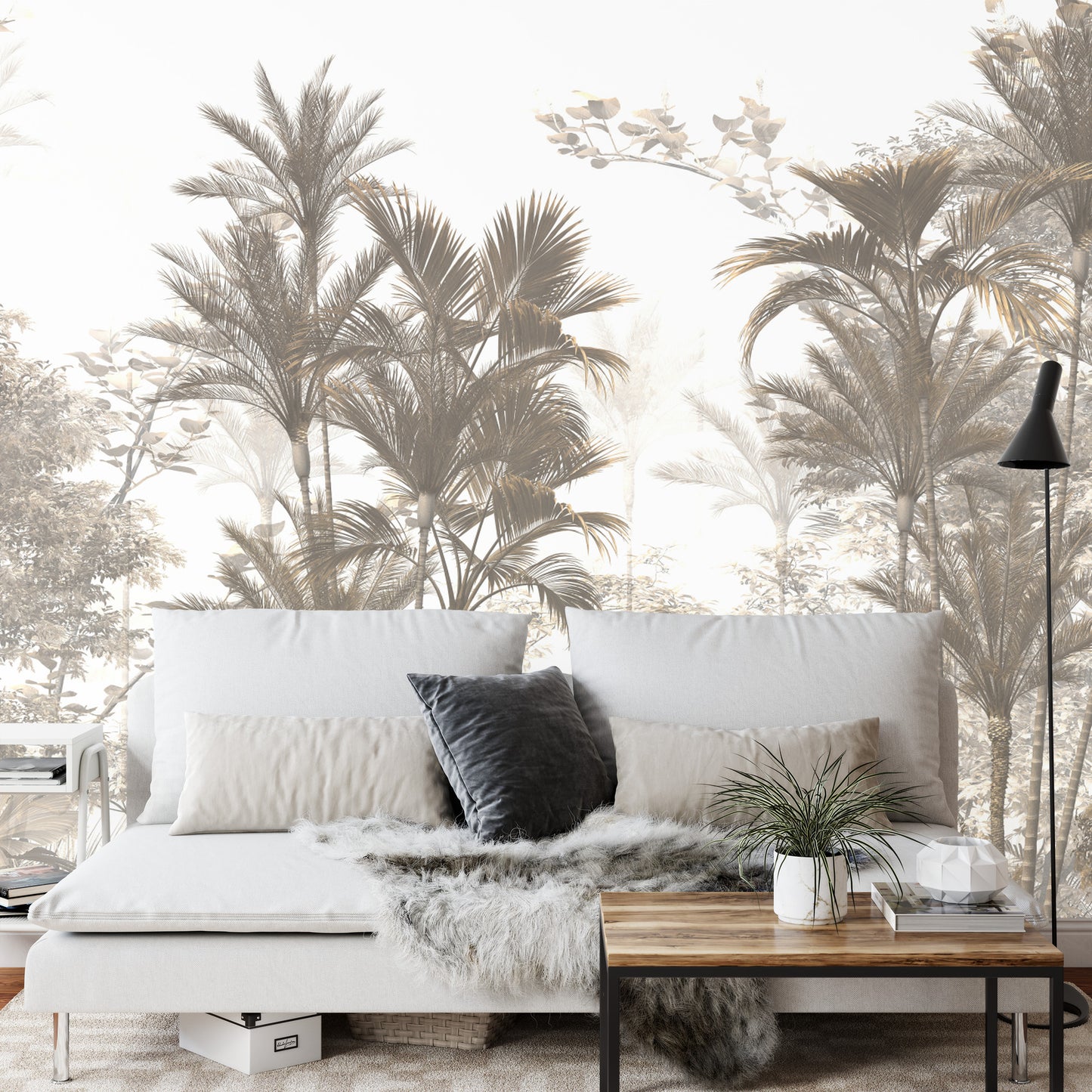 Fototapete Tropical Trees And Leaves Wallpaper Design In Foggy Forest - 3D