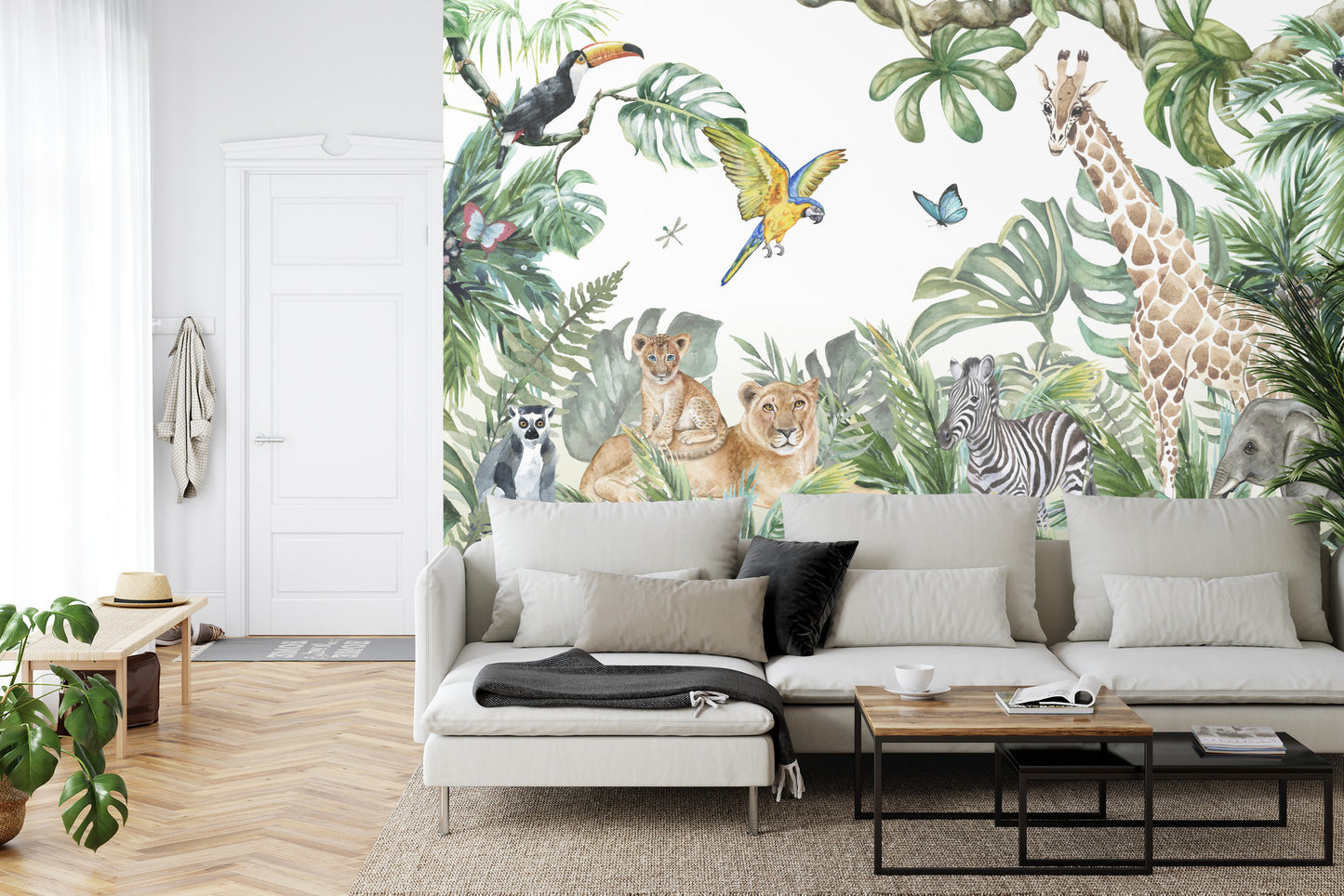 Fototapete Children's Wallpaper, Watercolor Jungle And Animals. Lions, Giraffe, Elephant, Parrots, Zebra, Lemur