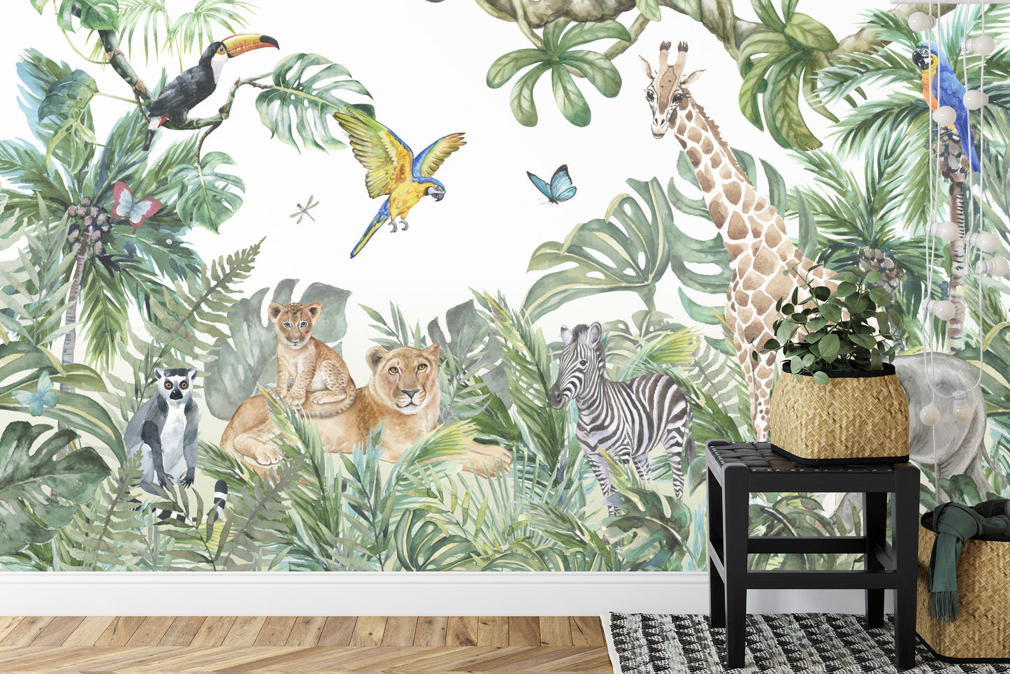 Fototapete Children's Wallpaper, Watercolor Jungle And Animals. Lions, Giraffe, Elephant, Parrots, Zebra, Lemur