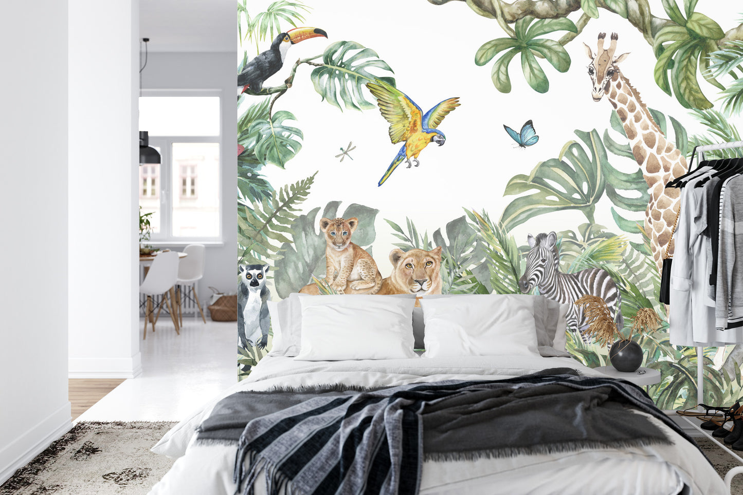 Fototapete Children's Wallpaper, Watercolor Jungle And Animals. Lions, Giraffe, Elephant, Parrots, Zebra, Lemur